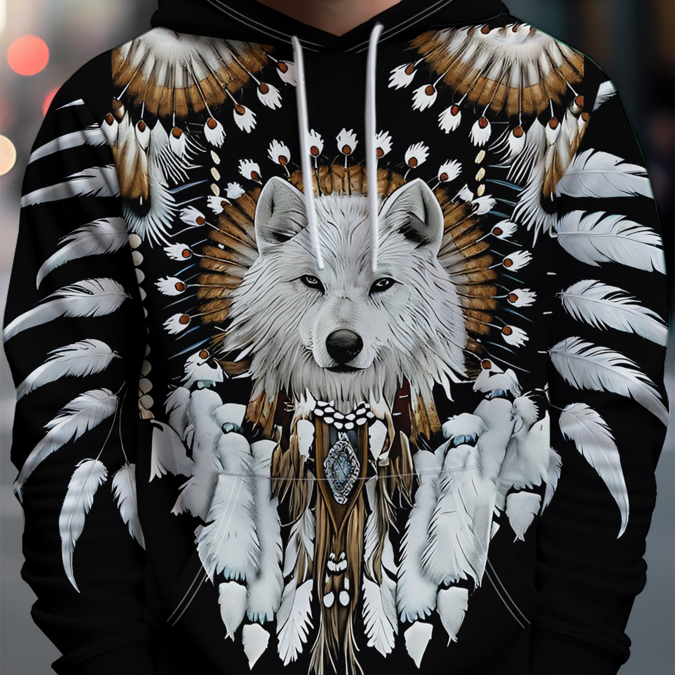 TEMU Men's Casual Autumn/winter Hooded Sweatshirt With White Wolf Totem And Feather Crown, Men's Outerwear Jacket, Printed, Kangaroo Pocket
