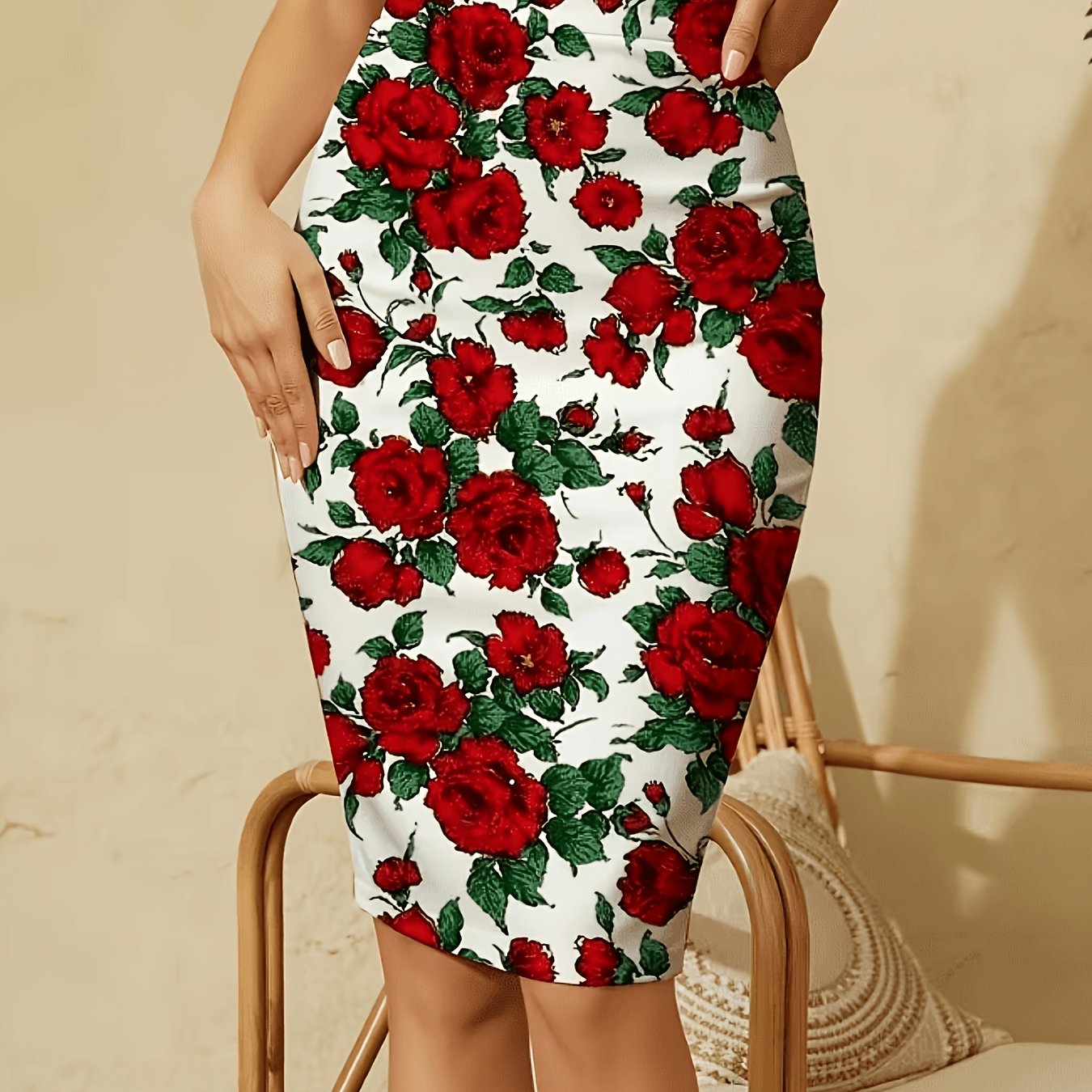 TEMU Women's Pencil Skirt, Slim-fit And Form-hugging, Base And Red Rose Print, Summer Casual Wear, Suitable For Casual And Semi-formal Occasions