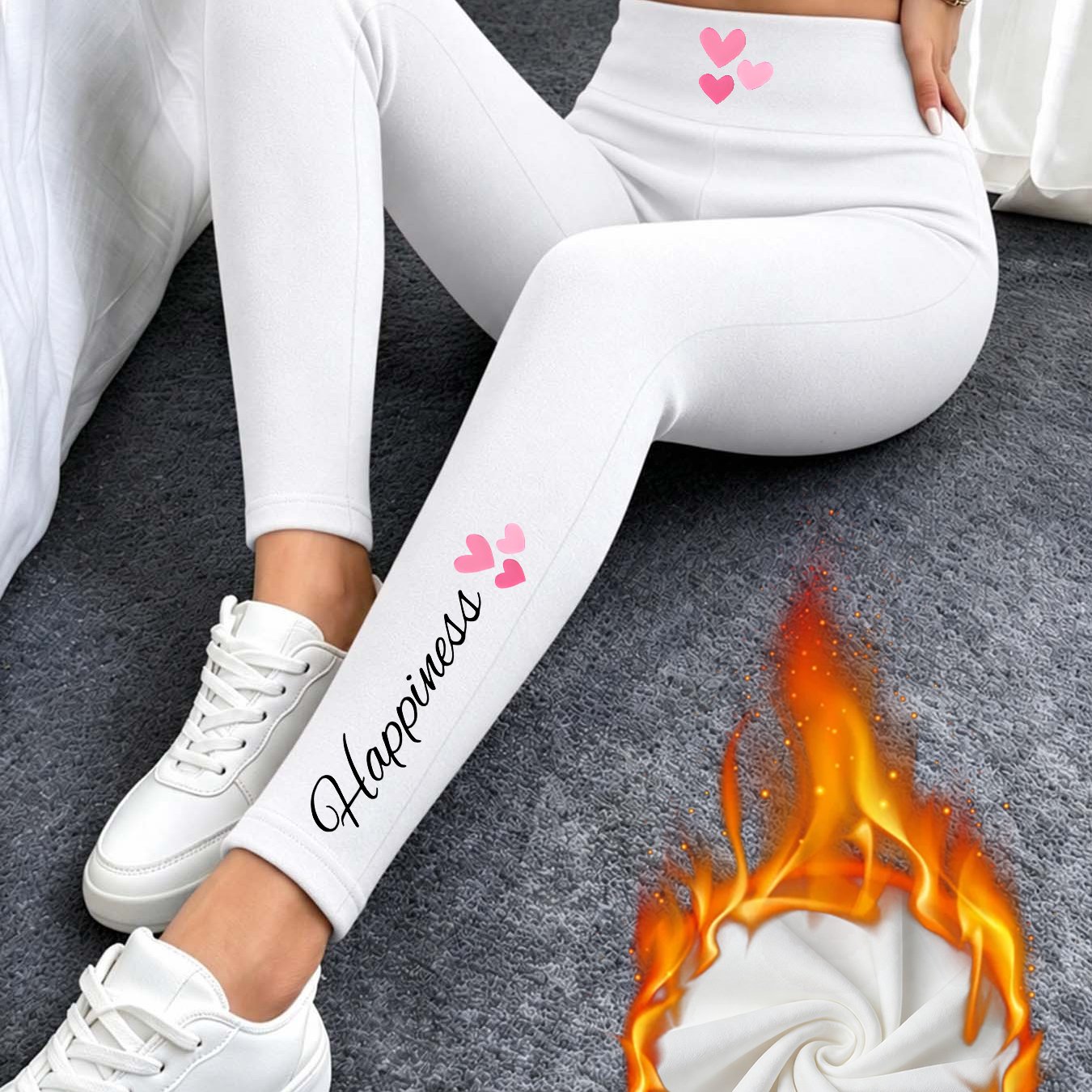 TEMU Women's High-waist Fleece-lined Leggings, Waist With And Leg With Happiness Floral Double-sided Print, Full Of Sweet And Vibe, Comfortable And