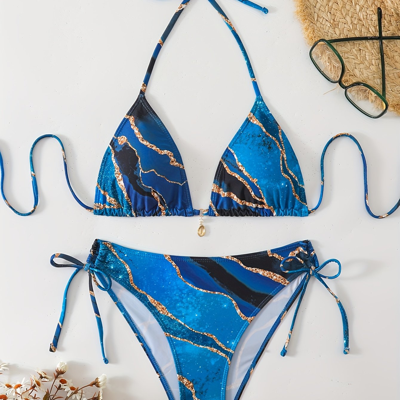 Image of 2pcs Deep Sea Golden Art Blue Marble Pattern Halter Neck Backless Triangle Top And High Waist Side Tie Bikini Set | High Stretch Fabric, Sleeveless, Lace Up Details, Beach Casual