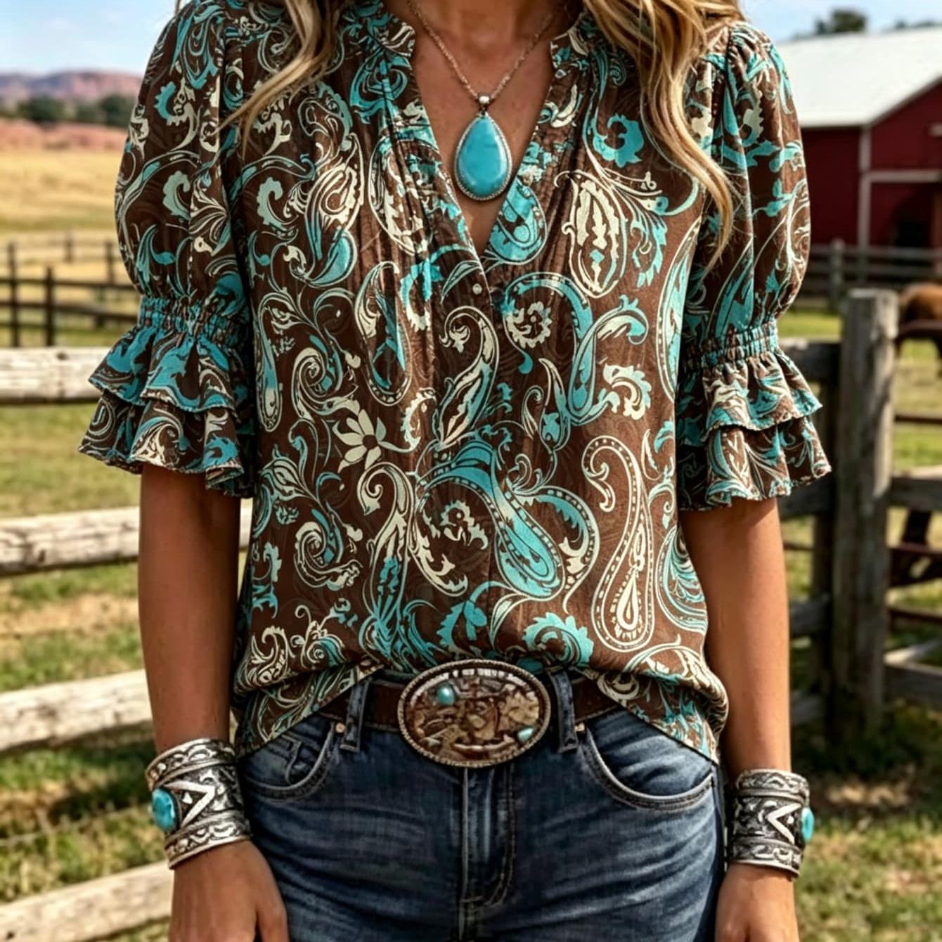 TEMU Coffee Colored Flower Print Women's Top V- Neck Bubble Double- Layer For Lotus Leaf Short Sleeved Western Style Casual Shirt