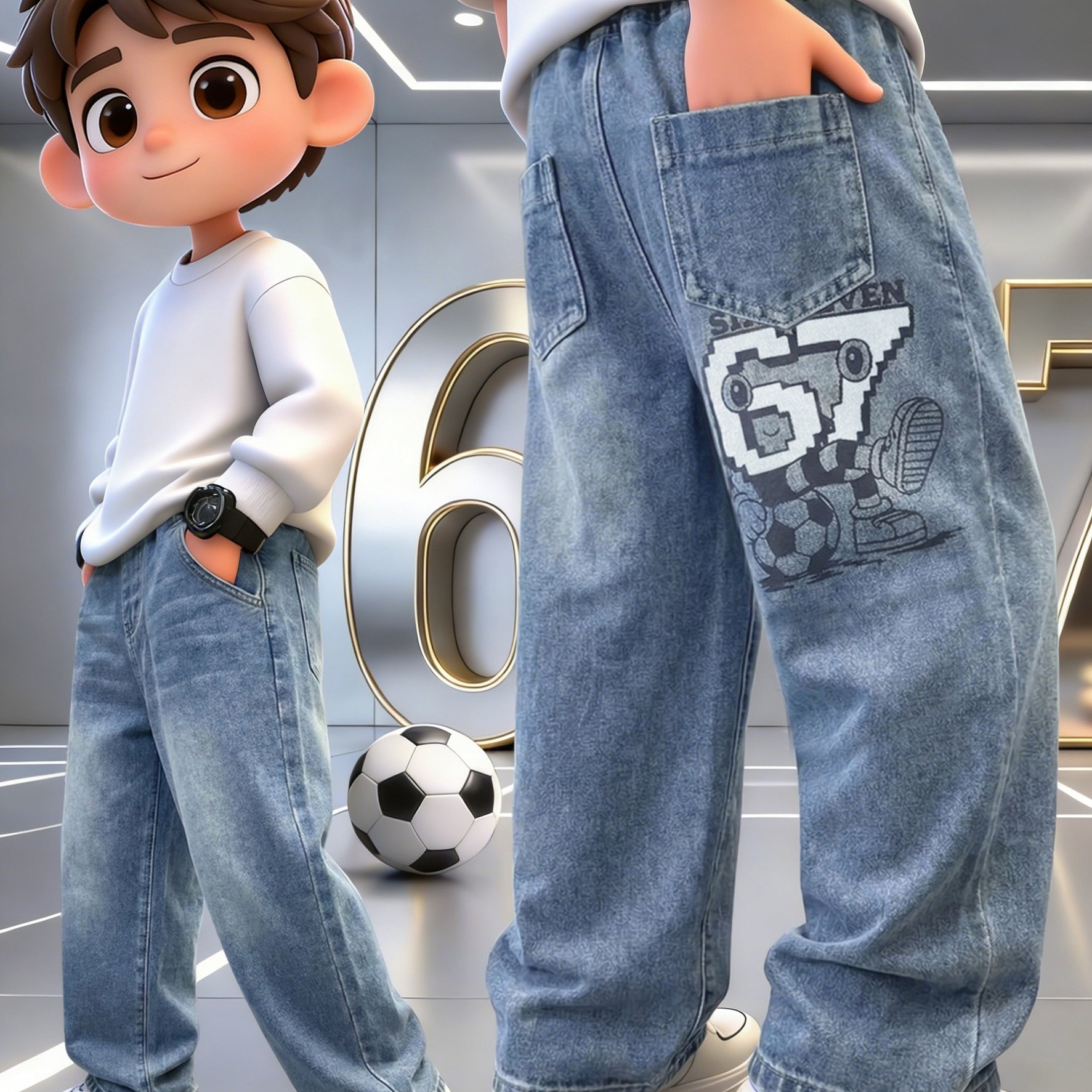 Original Boys' Jeans, Trendy Distressed Denim Trousers, Boys' Cartoon "67" Number Pattern Print, Clothing Loose Long Pants