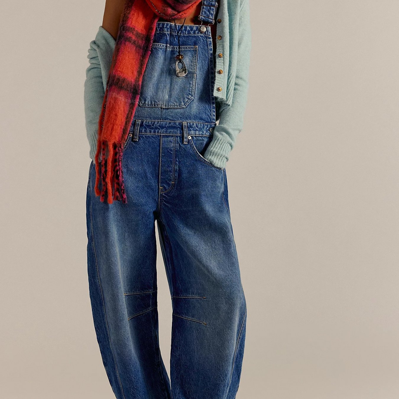 Image of Vintage Curved Seam Denim Overalls, Wide Leg Baggy Jumpsuit With Adjustable Straps, Utility Multi-, High-waisted Fit, Trendy Retro Streetwear.