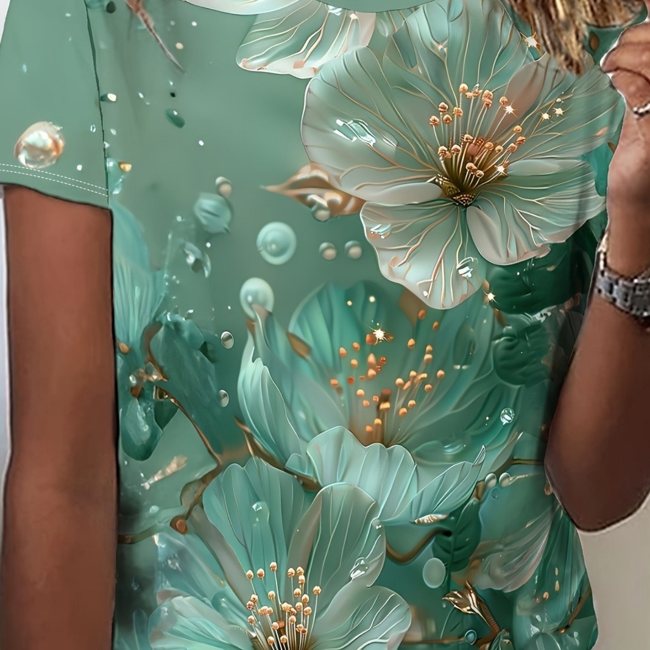 Image of Floral Print Crew Neck T-shirt, Casual Short Sleeve T-shirt For , Women's Clothing