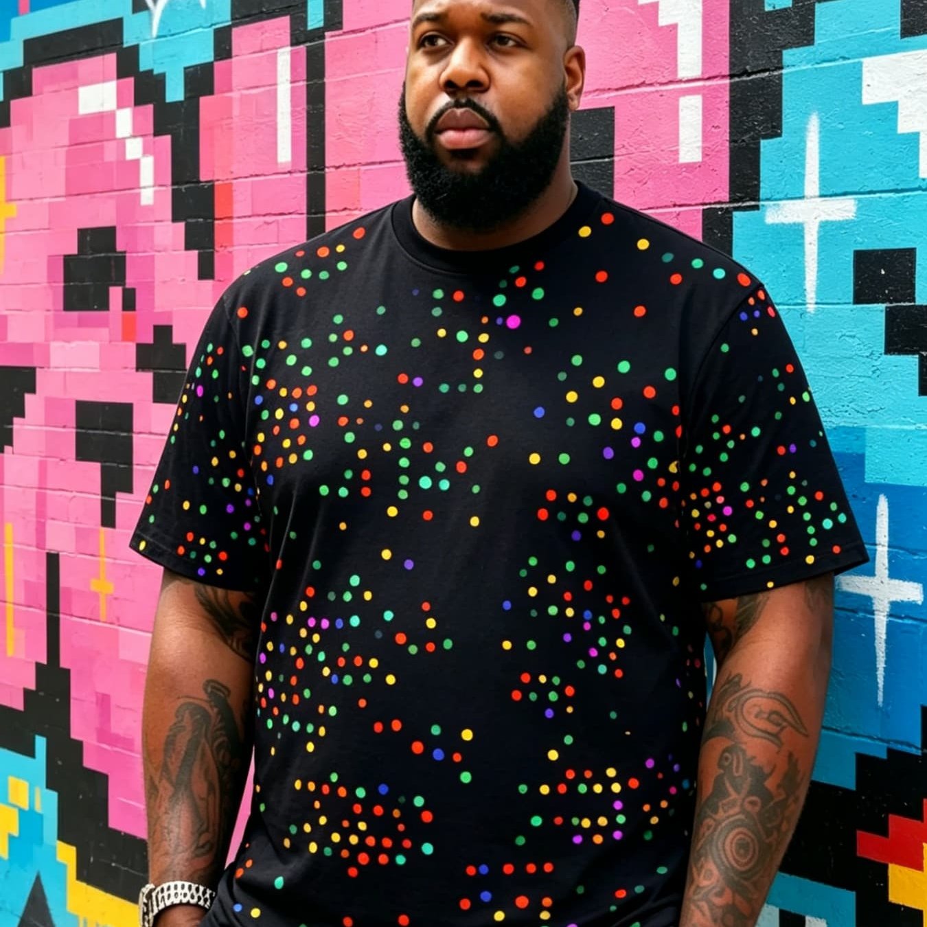 TEMU Size Men's T-shirt Features A Neon Polka , With Colorful Neon Polka , Perfectly Blending Retro Disco Vibrancy And Streetwear . The Overall ,