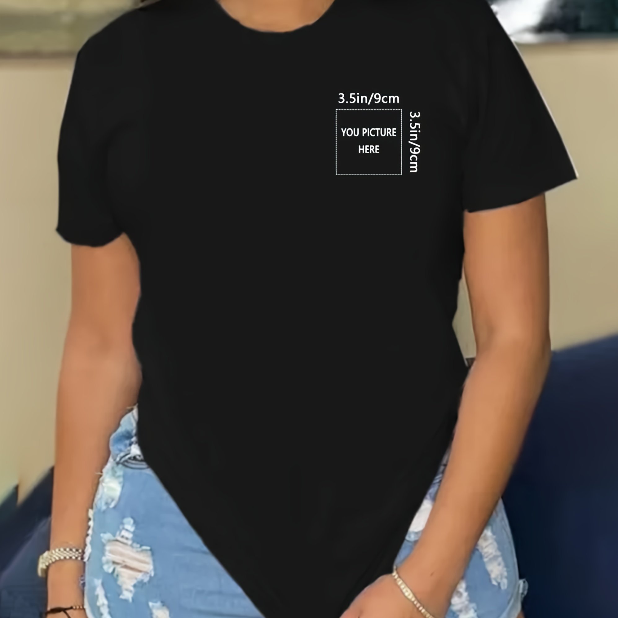 TEMU Personalized Customization A Small Pattern On The Left Chest Is Customized Print T-shirt, Short Sleeve Crew Neck Casual Top For Summer & Spring,