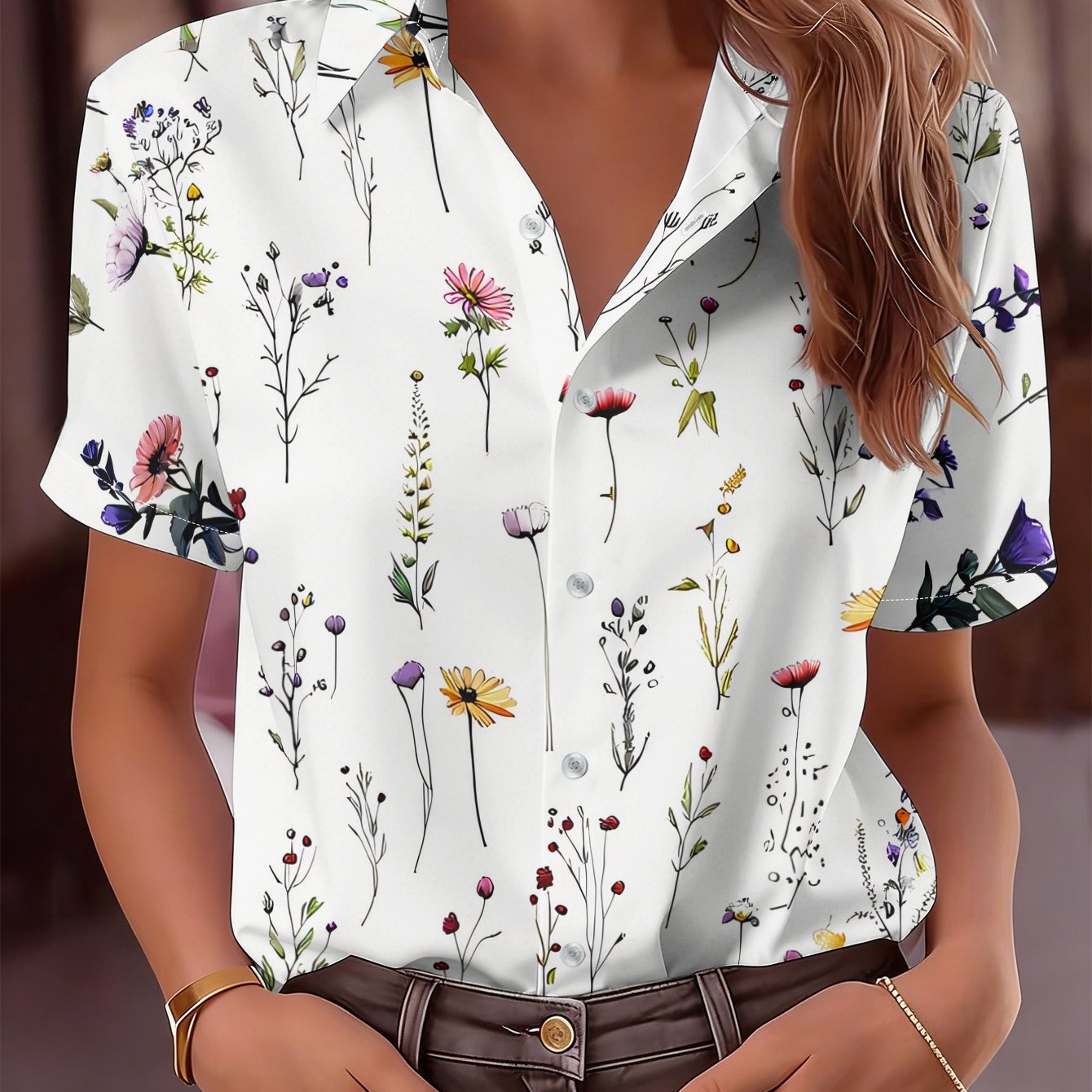 TEMU Women's Short Sleeve Shirt, Summer Regular Fit Casual Top, Printed Blouse, Fresh Plant Floral Pattern Regular Loose All-match Women's Clothing