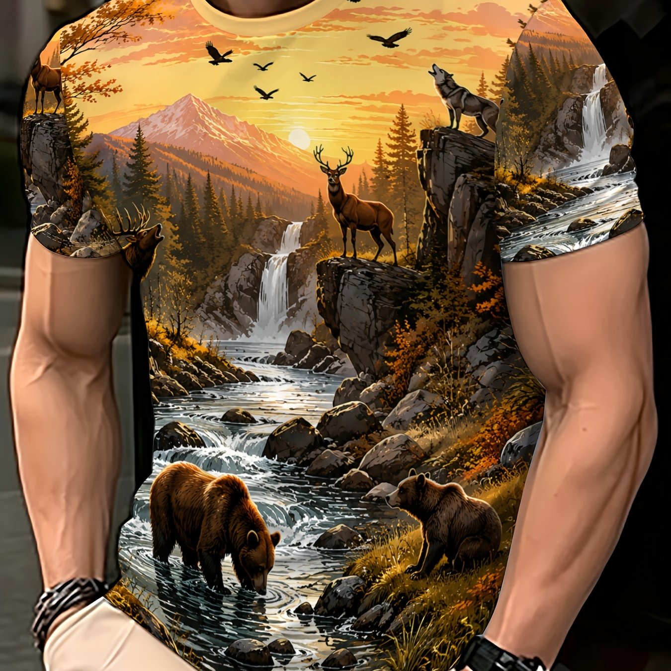 TEMU (print Design - Not Textured) Men's Athletic Sweatshirt T-shirt, Yellow, Forest Animal Print With Bear, Deer, Wolf, Mountain Scenery, Outdoor