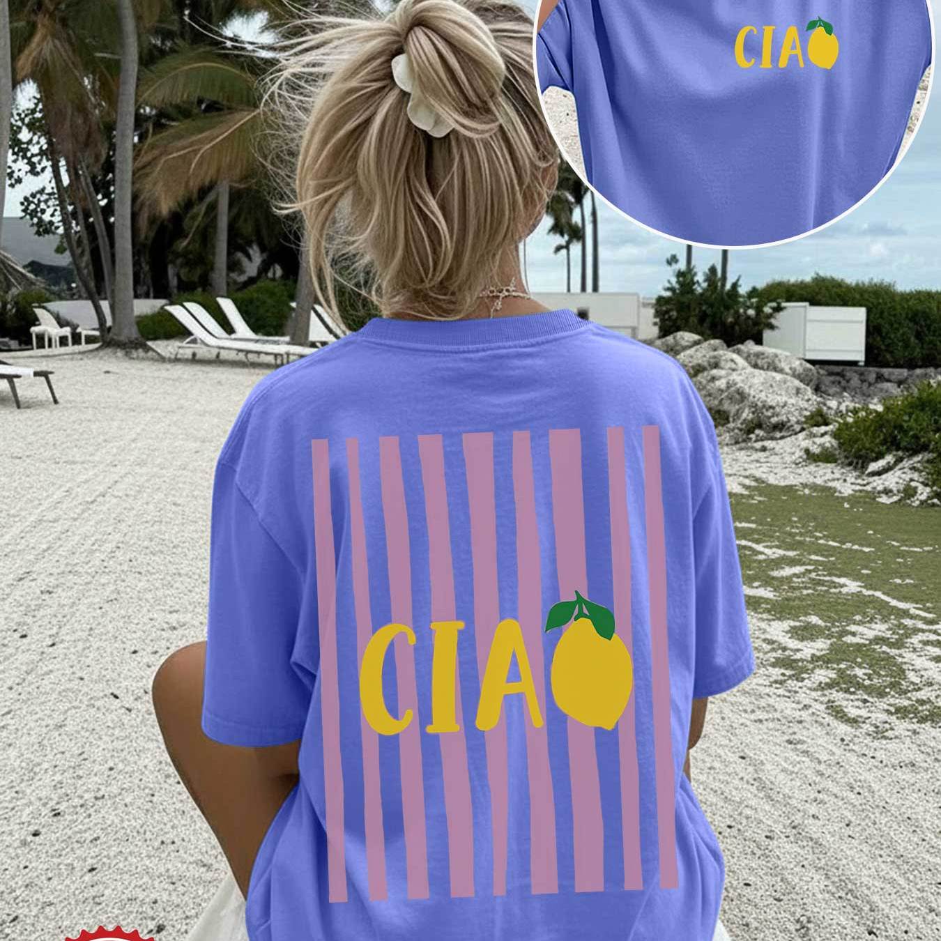 Image of Women's Spring And Summer Stylish Beach Vacation T-shirt With Double-sided Print, Featuring Lemon , Round Neck, Short Sleeves, Made Of Loose-fitting Pure Fabric