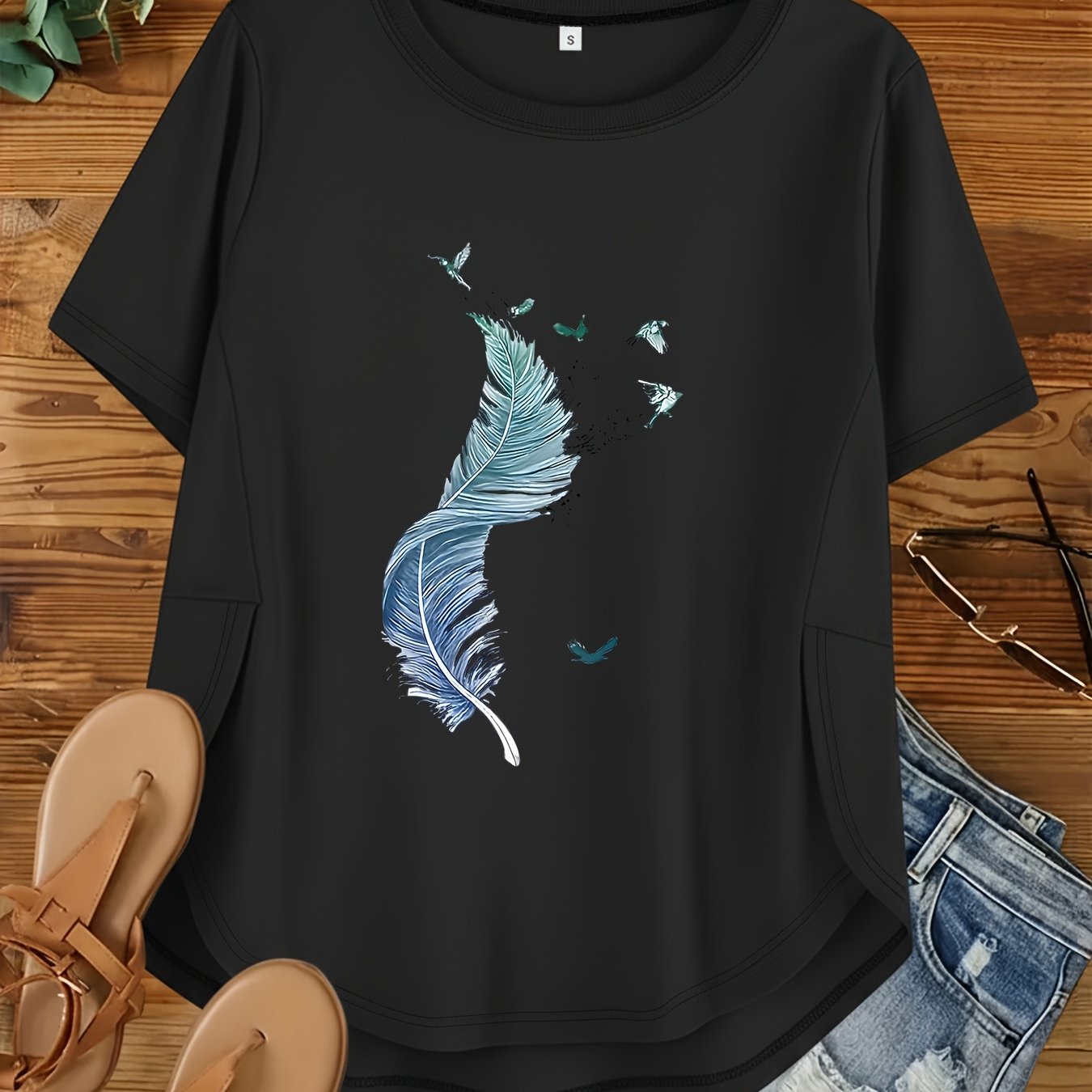 TEMU Plus Size, Plus Size Women's Loose Crew Neck Printed Short Sleeve T-shirts For