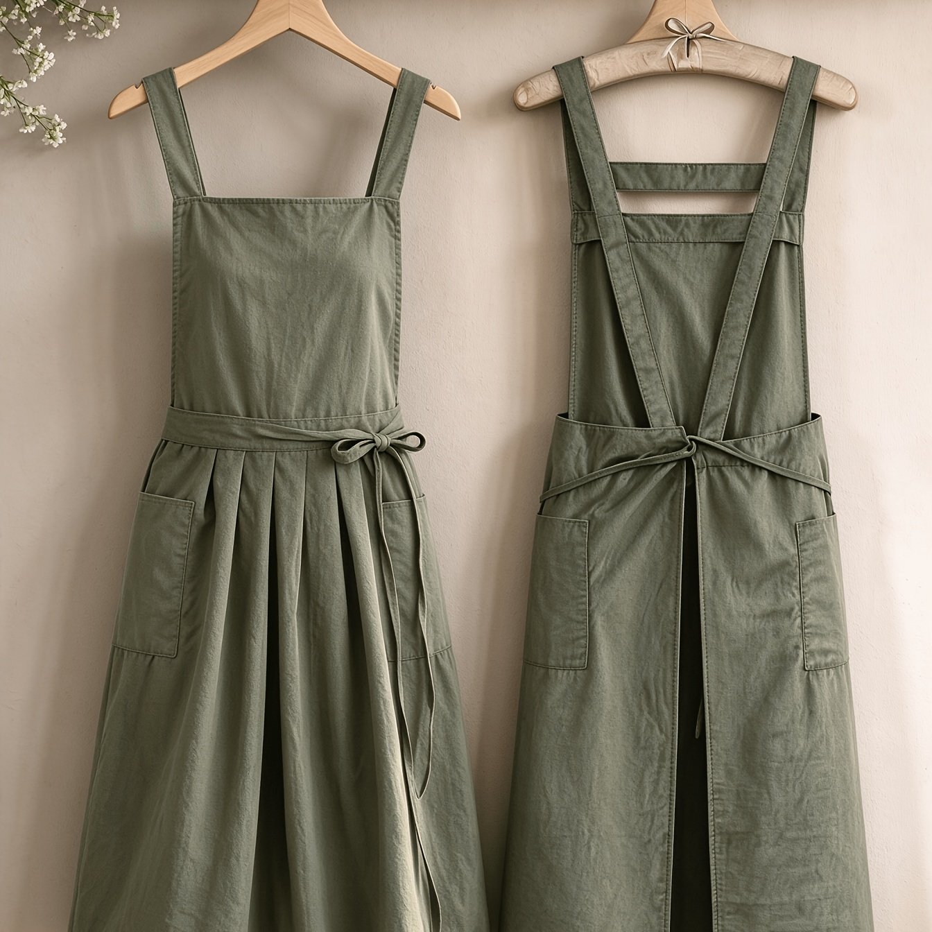 TEMU Robe tablier style coréen à pour femmes, jupe plissée à la taille avec double poches, vêtement de travail domestique pour , , , la fleuriste, à