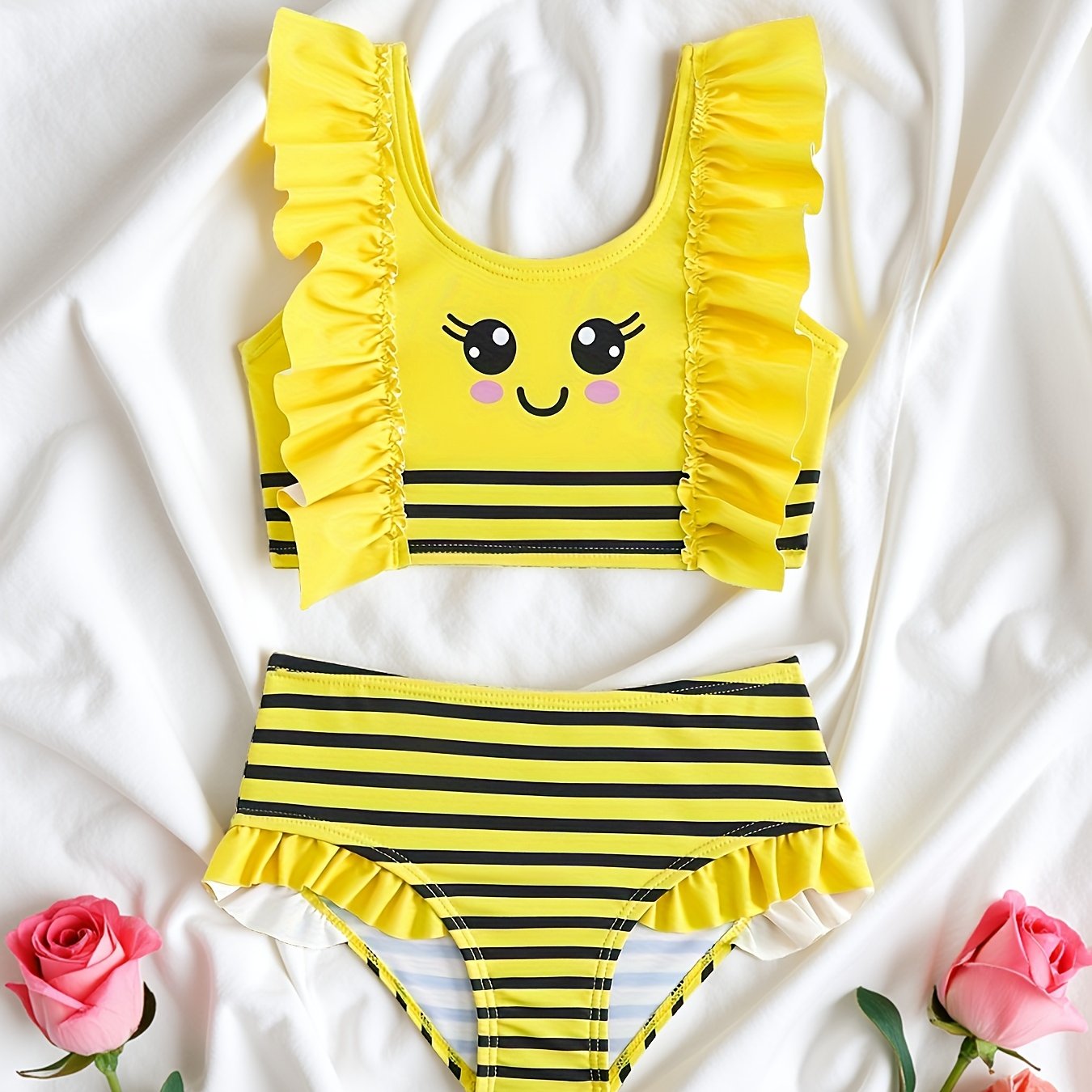 TEMU Girls' Bee Cartoon Swimwear, 2pcs Striped Swimsuit For Little Girls, Water And Beach Swimwear Set
