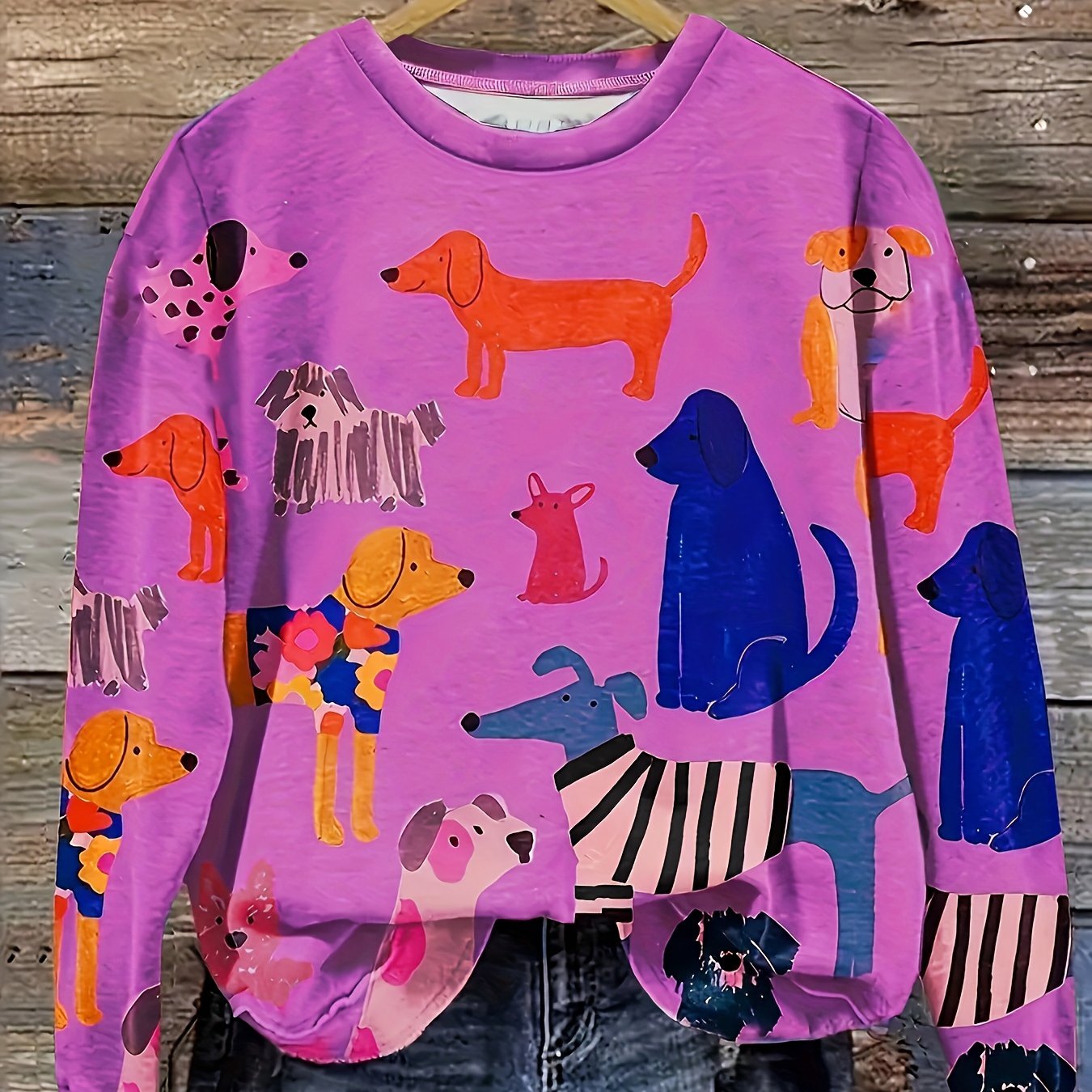 TEMU Plus Size - Women's Casual Long Sleeve Round Neck Pullover Sweater - Multicolor Dog Pattern, Loose Fit, Plus Size, Light Purple, Machine