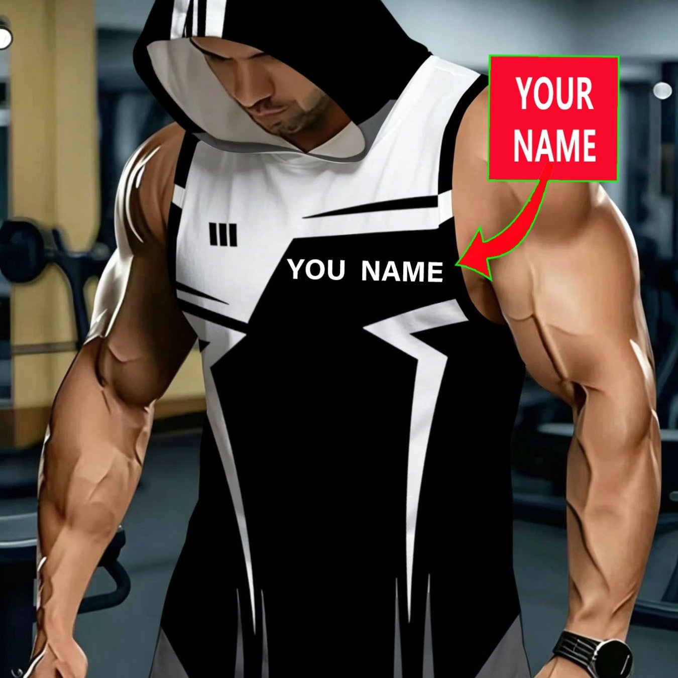 TEMU Men's Fashion Sleeveless Custom Hoodie With , Self- Name Option, Black And White Geometric Print Sleeveless Hooded Vest, Men's Gym Quick-, For