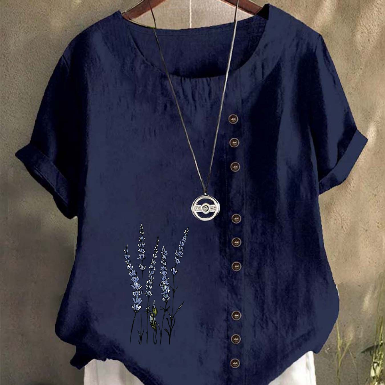 TEMU Loose Creative Letter Bohemian Pattern Button Garden Collar Women's Short Sleeve Shirt, Round Neck Short Sleeve Top For Spring Summer Autumn,