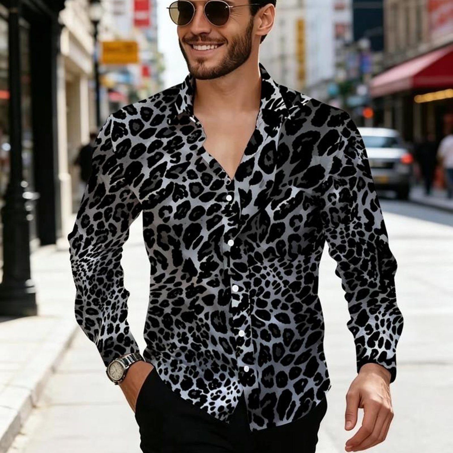 TEMU Men's Long-sleeve Lapel Shirt Featuring Leopard Print Trendy Pattern. Standard With A Full-open Button . Suitable For Streetwear Fashion And Bar