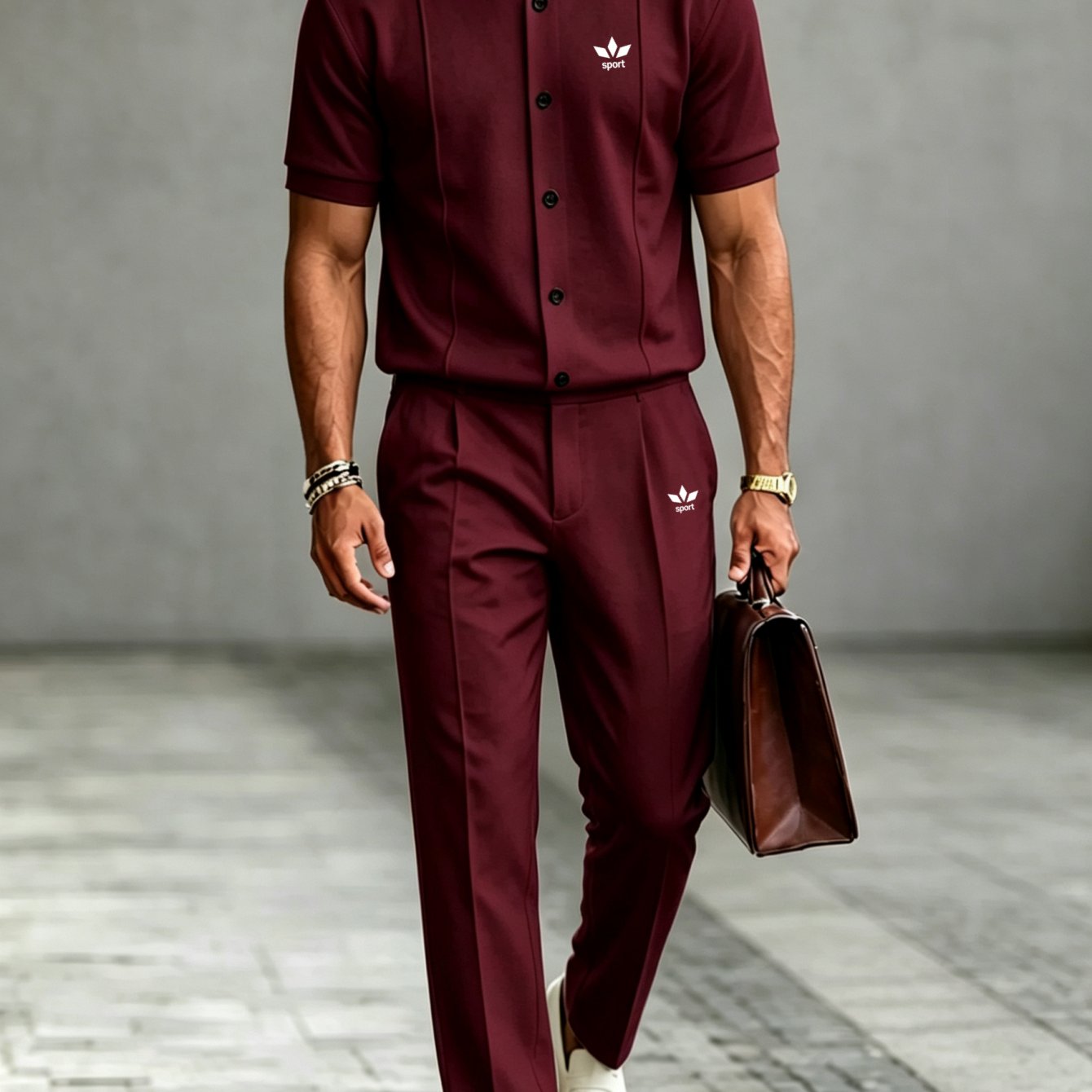 Two-piece Set: Men's Business-casual Printed Button-up Jacket (short Sleeve) With Matching Trousers - Multiple Colors
