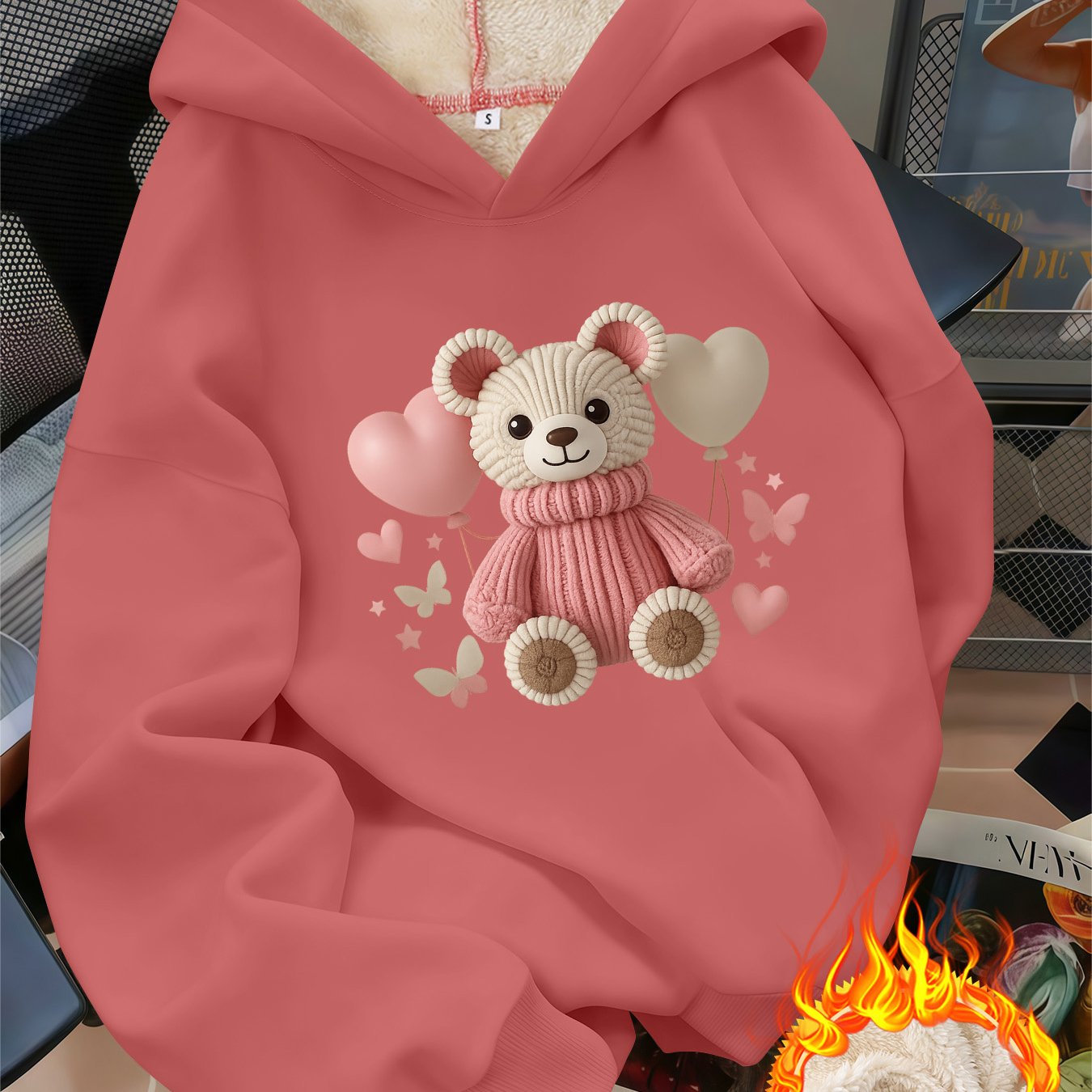 TEMU Japanese And Korean Style Autumn And Winter Casual Women's Clothing Heart Pattern Printing Fleece Thickened Hooded Sweatshirt
