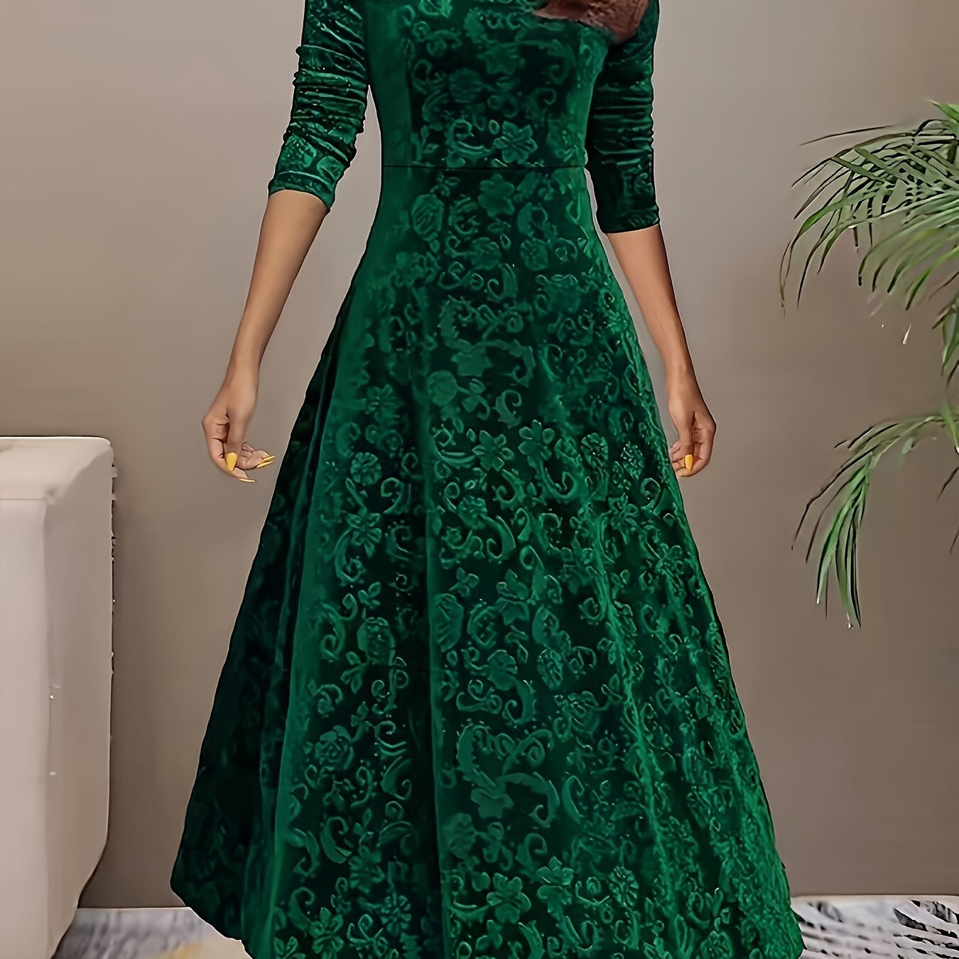 Directional Style Velvet Floral Pattern Long Sleeve Dress New Year Elegant Square Neck Dress