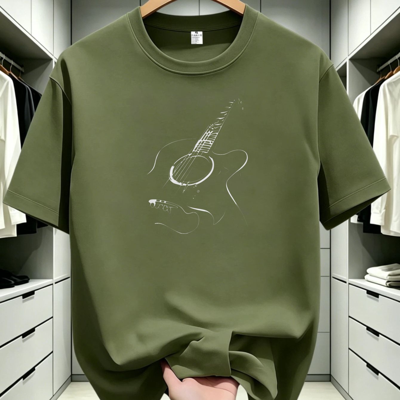 TEMU Round Neck Leisure Men's T-shirt Guitar Outline Printed T-shirt Casual Trend
