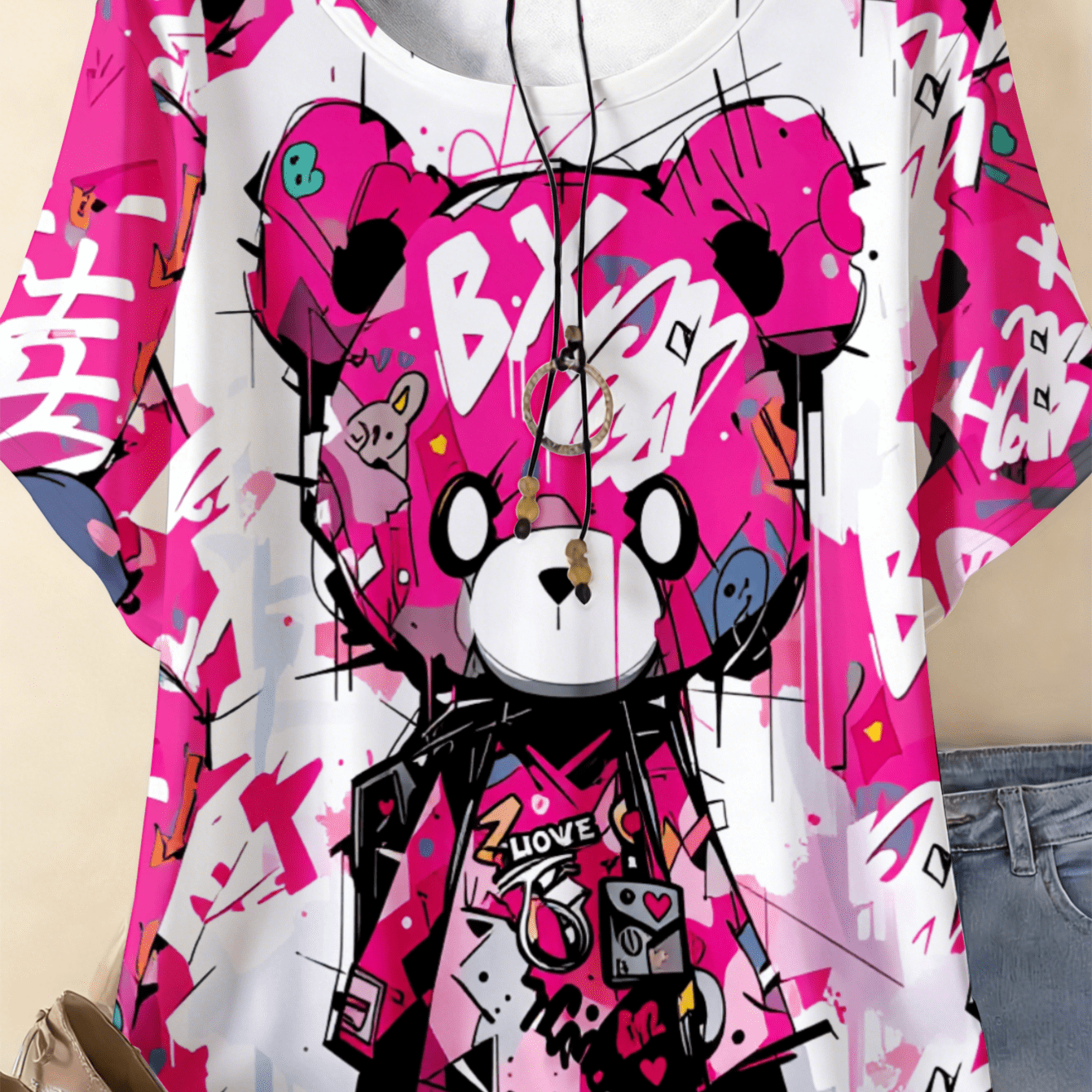 Image of Plus Size - 0-9xl Plus Size Bear Print Design Women's Summer T-shirt Machine Washable Comfortable Fabric Suitable For Everyday Wear, Beach, Office, And Other Occasions. Unique Print