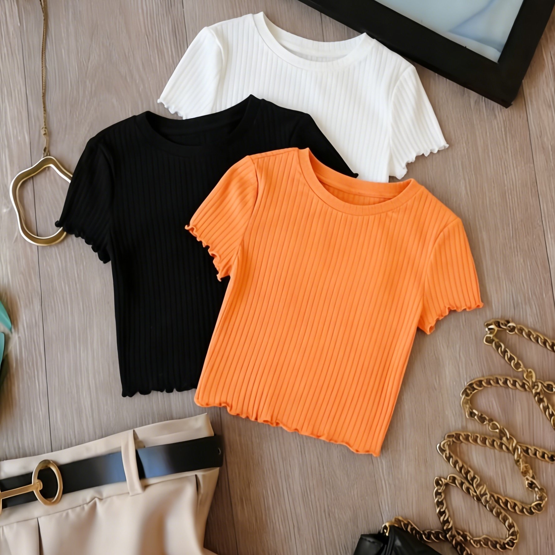 TEMU Conjunto elegante de para mujer que una camiseta de cuello de color liso y estilo moderno
