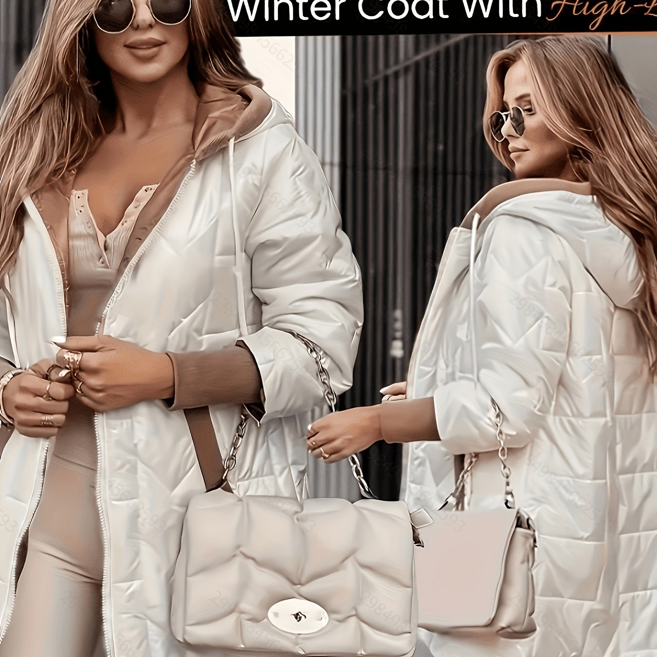 Image of Women's Warm Winter Coat, Hooded Jacket, Mid-length With Pockets And Asymmetrical Hem Padded Coat