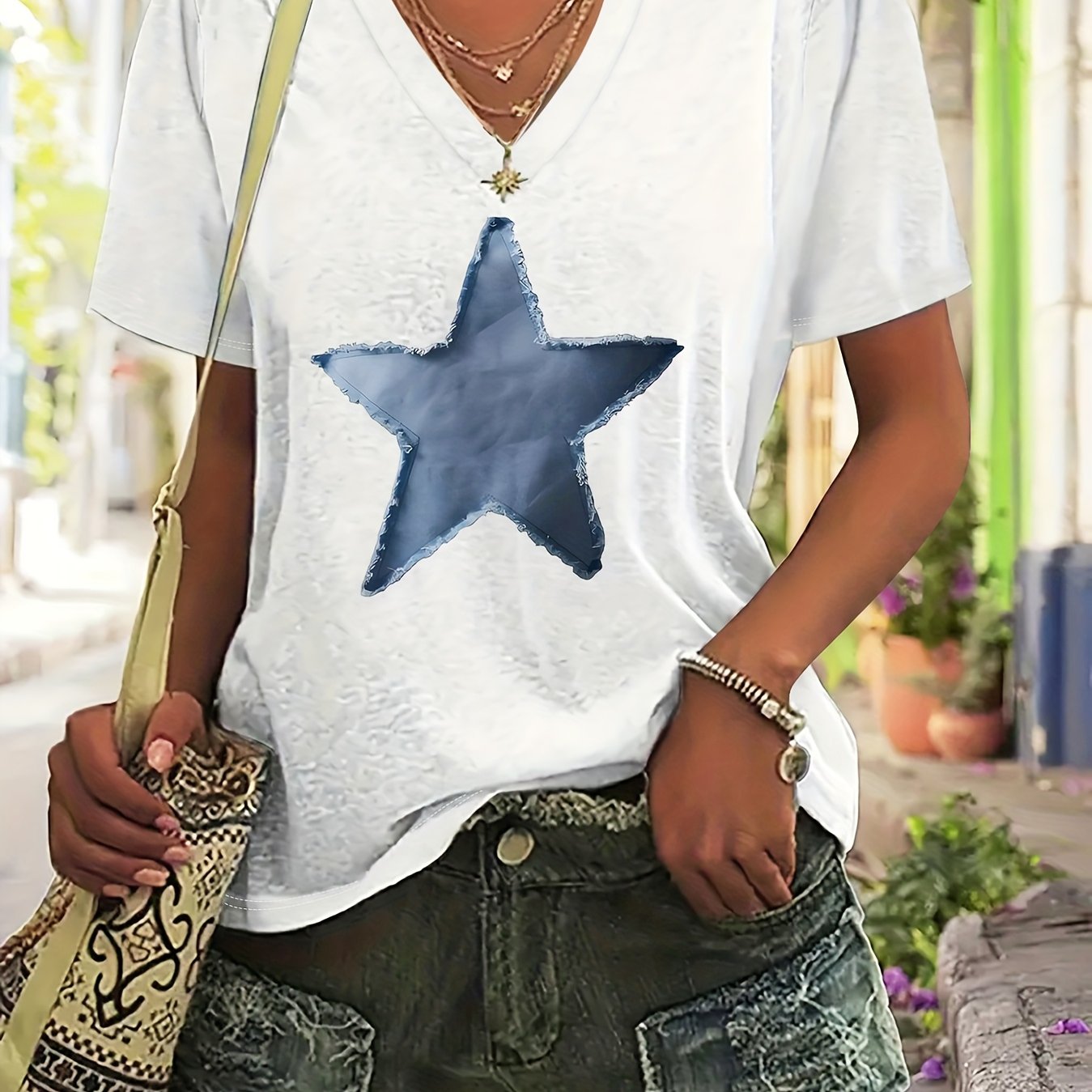 TEMU Grande Taille - Grande Taille - T-shirt décontracté à col en V avec imprimé de lettres pour grandes tailles, manches courtes, idéal pour et