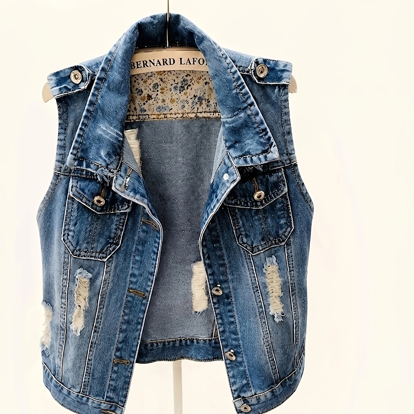 TEMU Vintage Floral Lined Denim Vest For Women, Ripped Sleeveless Denim Jacket, Summer Trendy Layering Tank Top, Style Top, Fashionable Lapel Vest,
