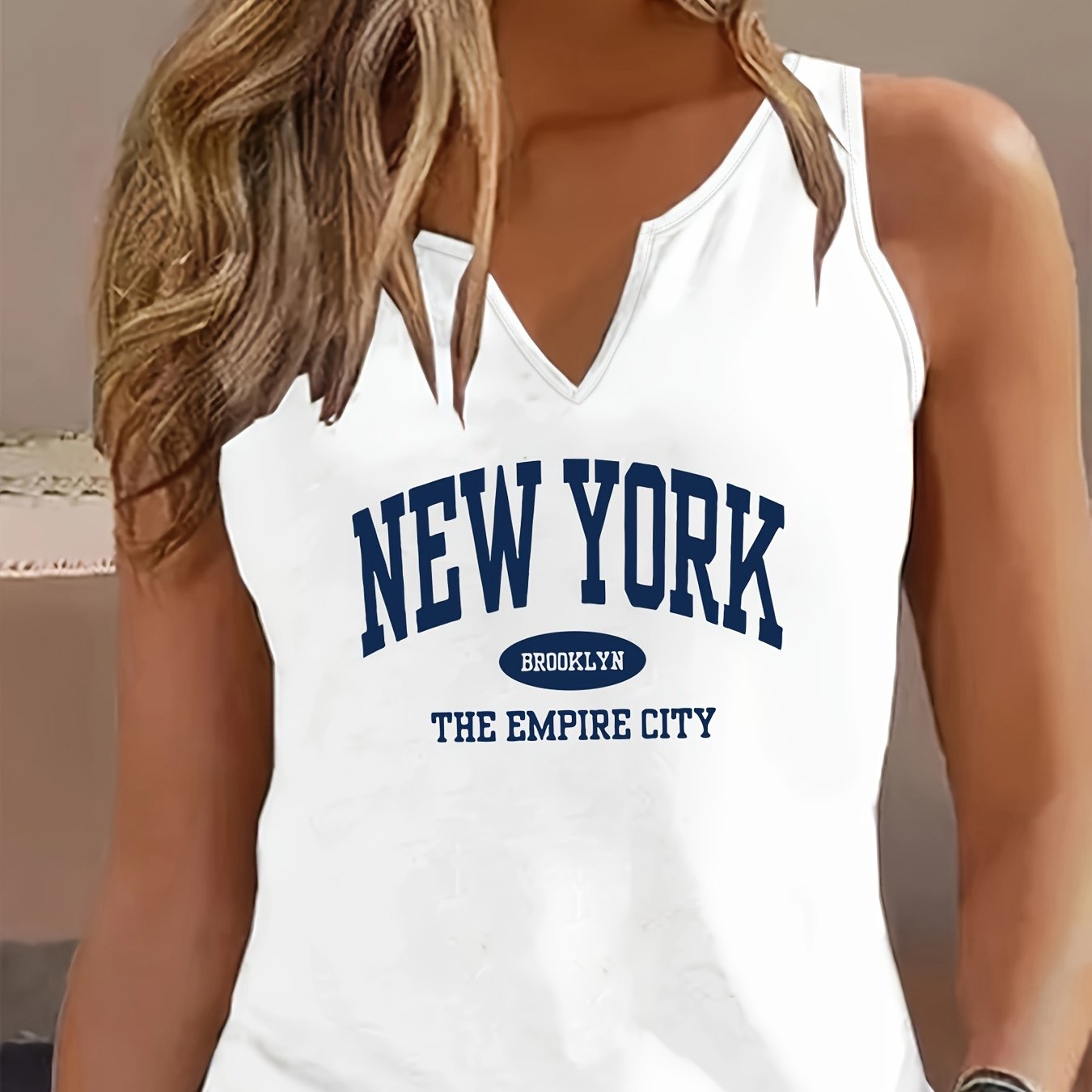 TEMU Letter Print Tank Top, Sleeveless V Neck Casual Top For Summer And Spring, Women's Clothing