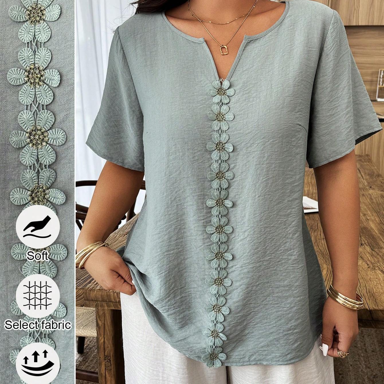 TEMU Women's Summer Top Short-sleeved Embroidery Loose Temperament Commuter Women's Neck Small V Design Stitching Exquisite Three-dimensional Flower