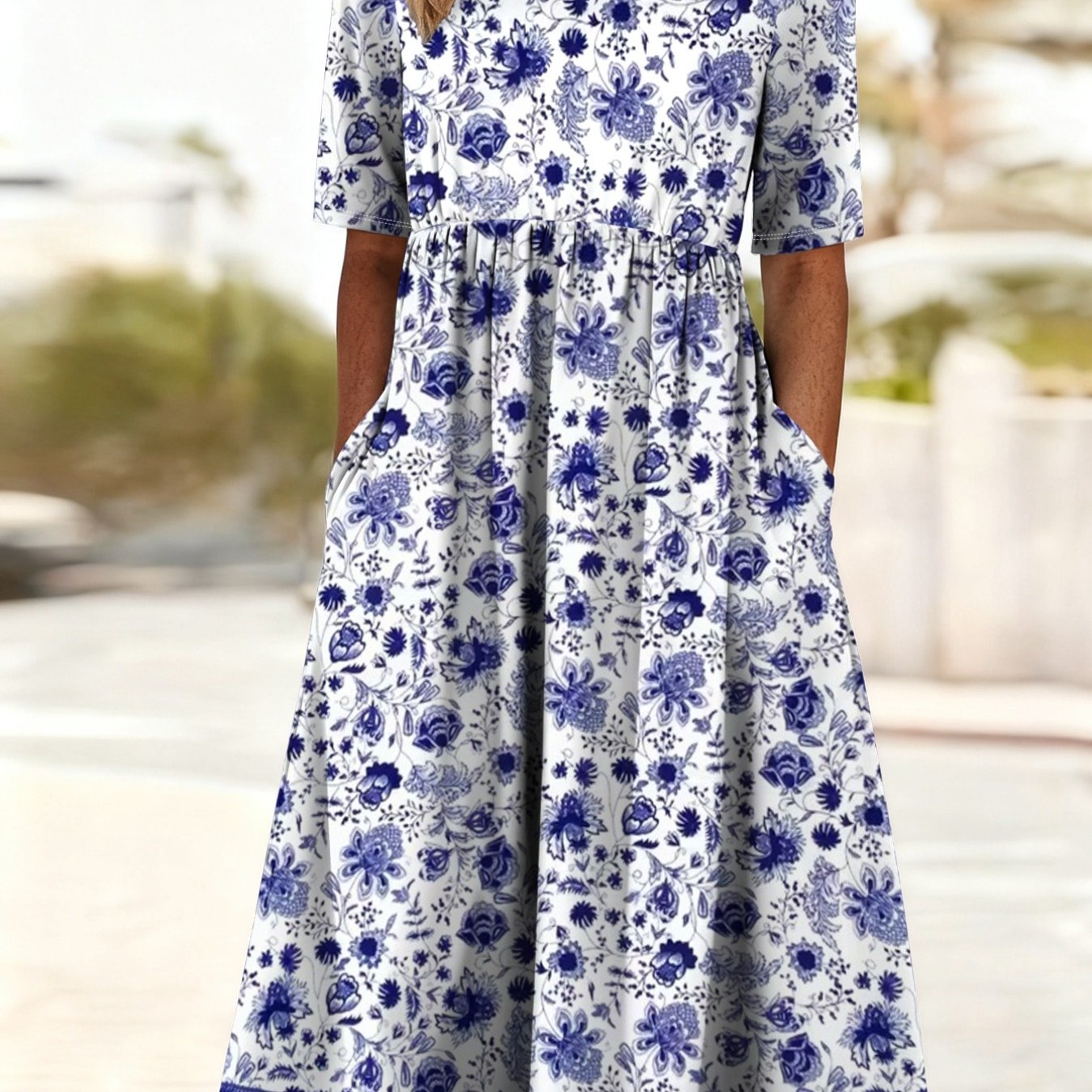 Women's Floral-print Round-neck Pocket Casual Midi Dress