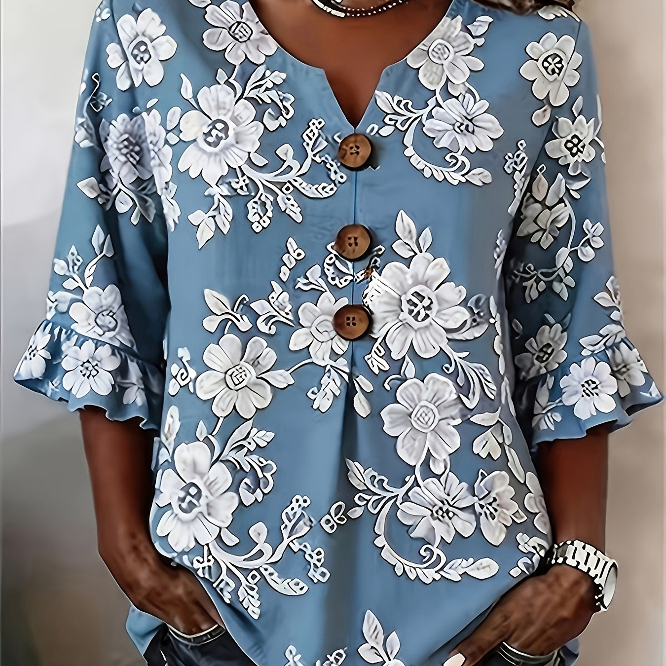 TEMU Plus Size, Women's Floral V-neck Short Sleeve Printed Vintage Spring/summer Casual Top