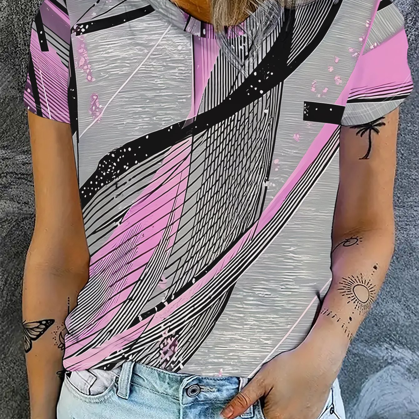 TEMU [printed Design – Not Textured] Summer Women's Short-sleeve T-shirt With Pink, Gray, And Print, Pairs Well With Jeans, Versatile Top For Daily ,