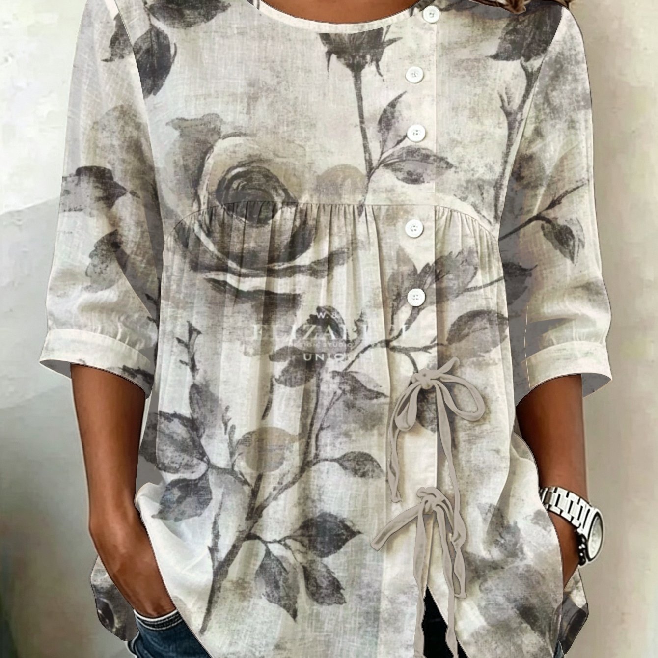 TEMU Plus Size, Floral Womens Plus Size Button Tie Front Shirt Oversized Longline Essential For Teenage Spring Summer Trend Retro Botanical Print