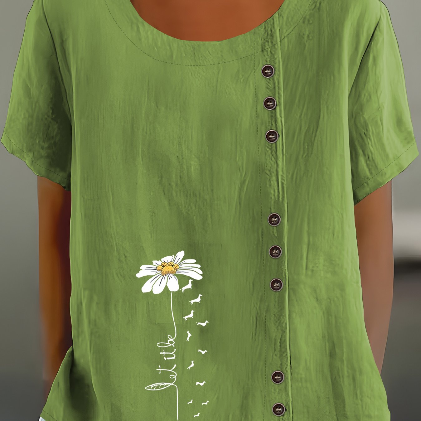 TEMU European And American Popular Loose Creative Letter Bohemian Floral Pattern Button Round Neck Women's Short-sleeved Shirt, Round Neck