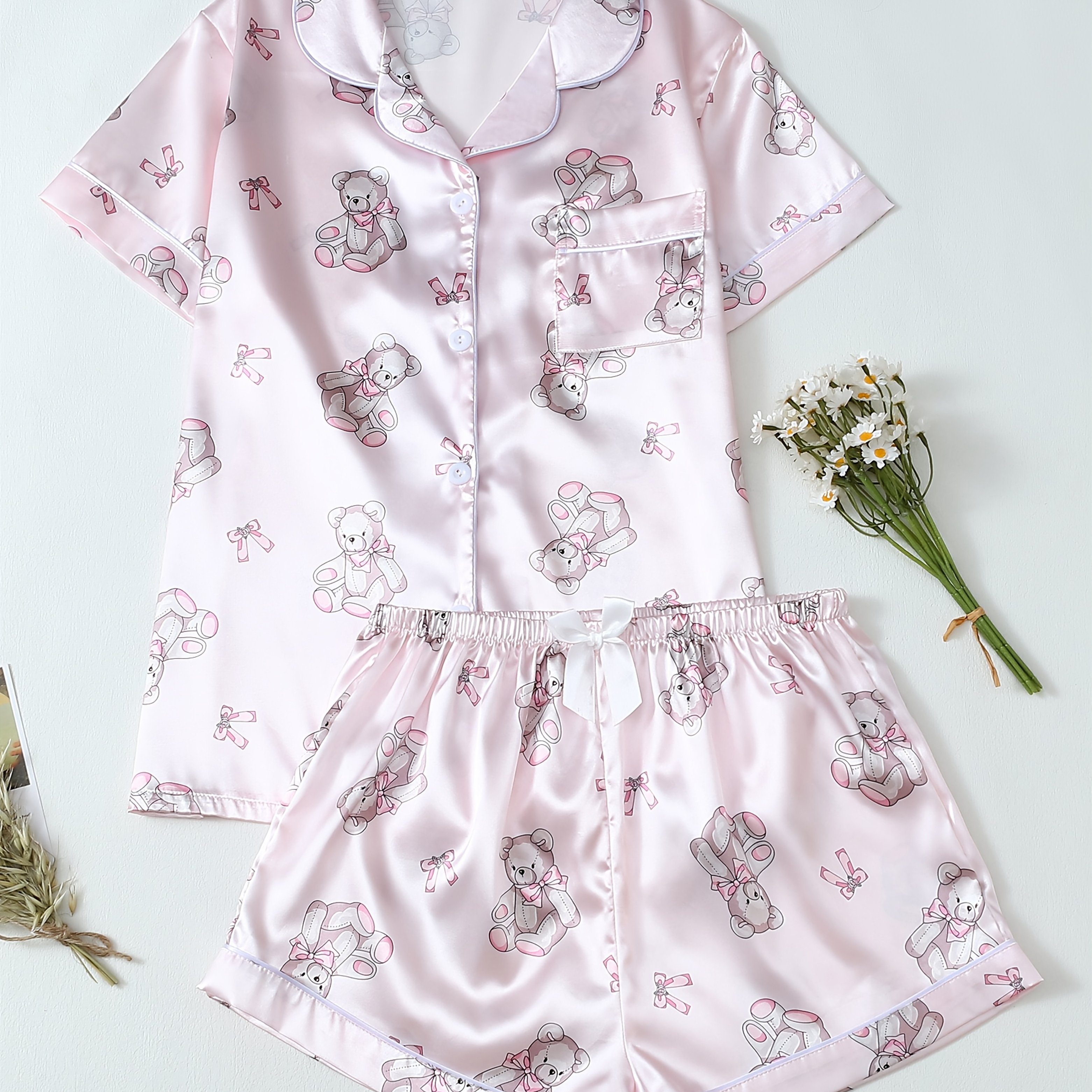 TEMU 【商品名】柄 半袖 ショートパンツ ティーン パジャマセット、ティーンエイジャー向け