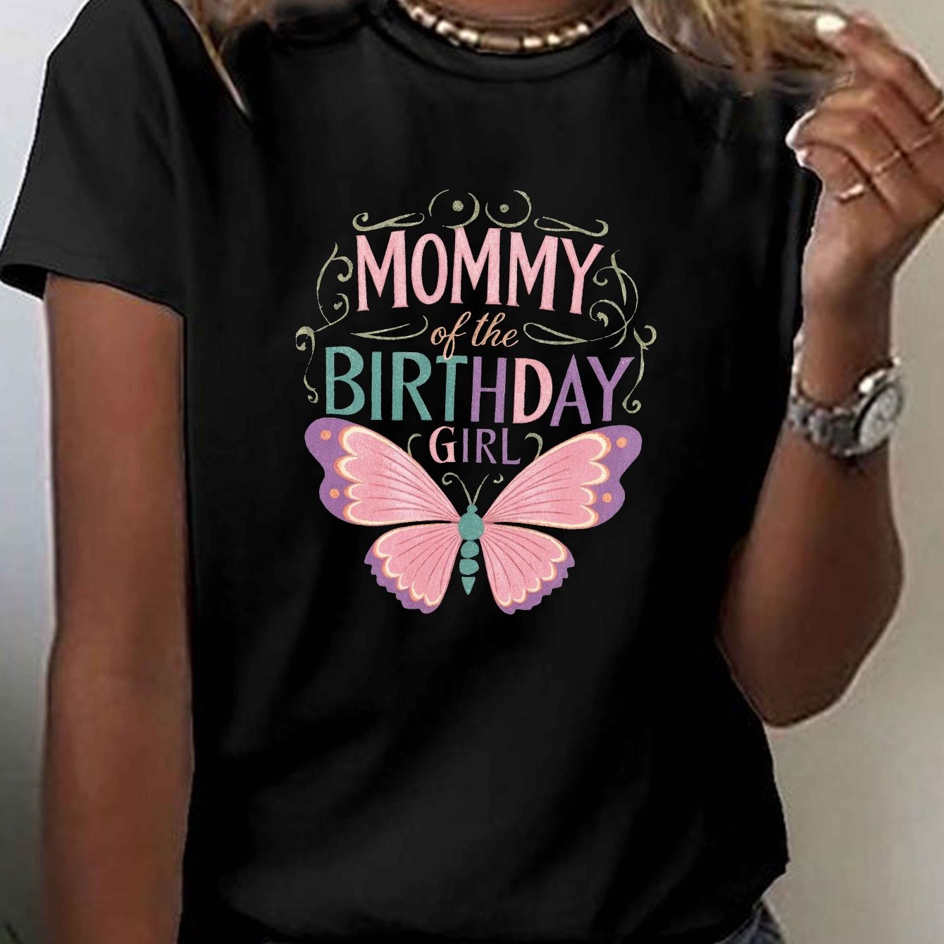 TEMU Mommy Of The Birthday Girl Print T-shirt, Short Sleeve Crew Neck Casual Top For Summer & Spring, Women's Clothing