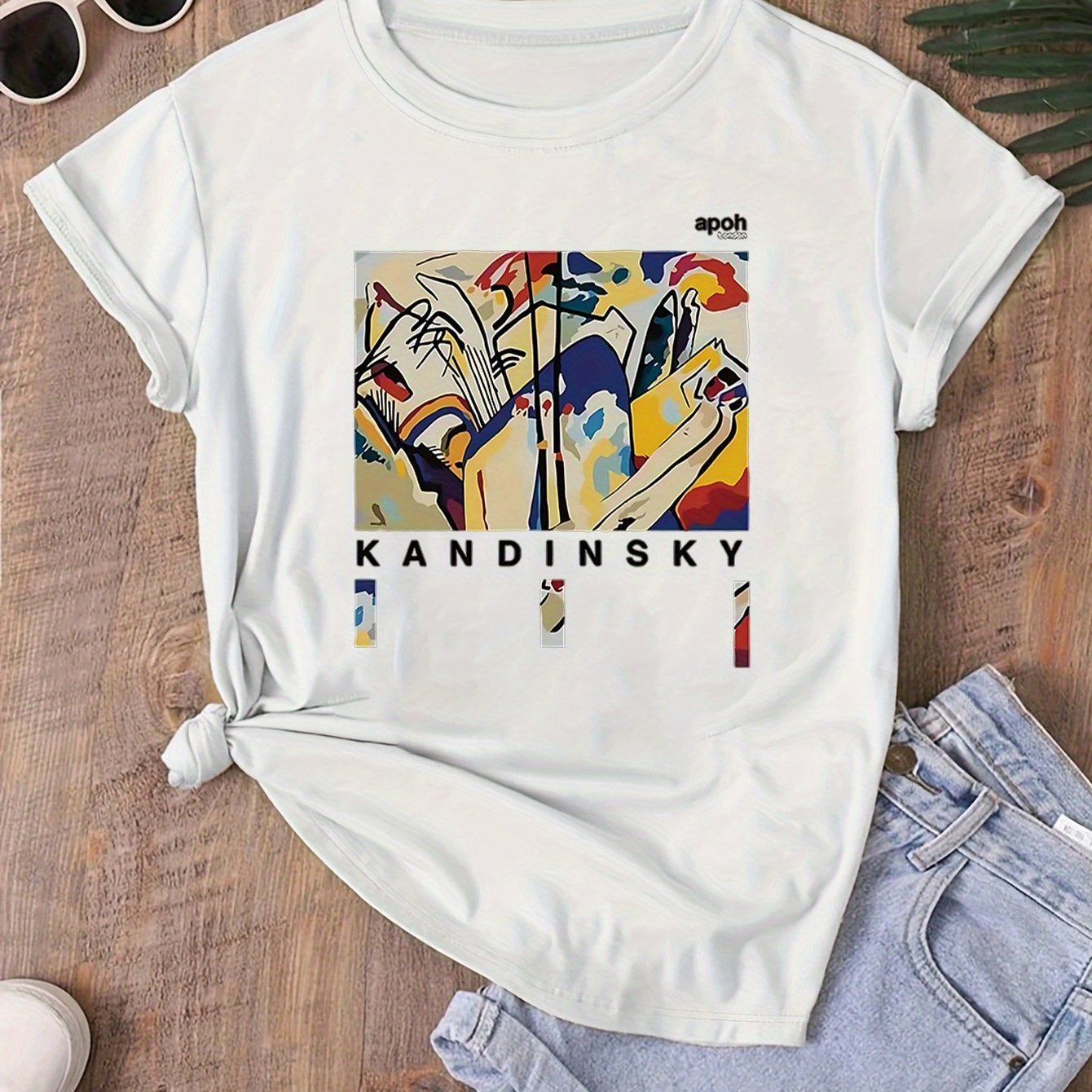 TEMU Summer Western Trendy Women's Abstract Art Letter Print Round Neck Short Sleeve T-shirt, Casual 's Top