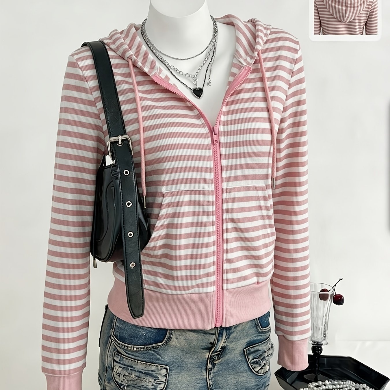 TEMU Gray And Black Striped Long Sleeve Loose Ribbed Zip-up Sweatshirt, Suitable For Women, Elegant And Cute, Ideal For, Graduation, Casual Wear, And