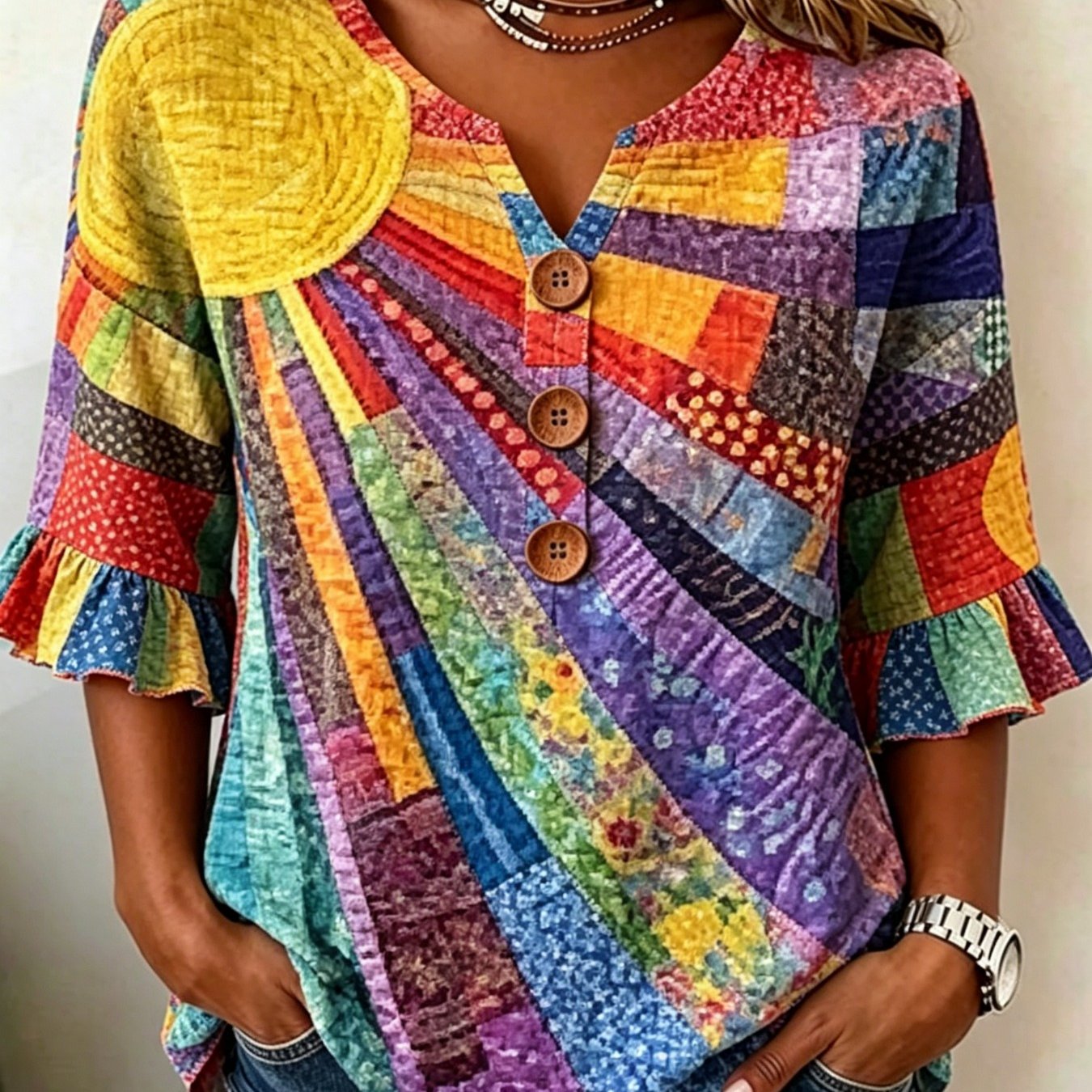 Women's Ethnic Style Sunflower Print V-neck Three-button Bell Sleeve Shirt