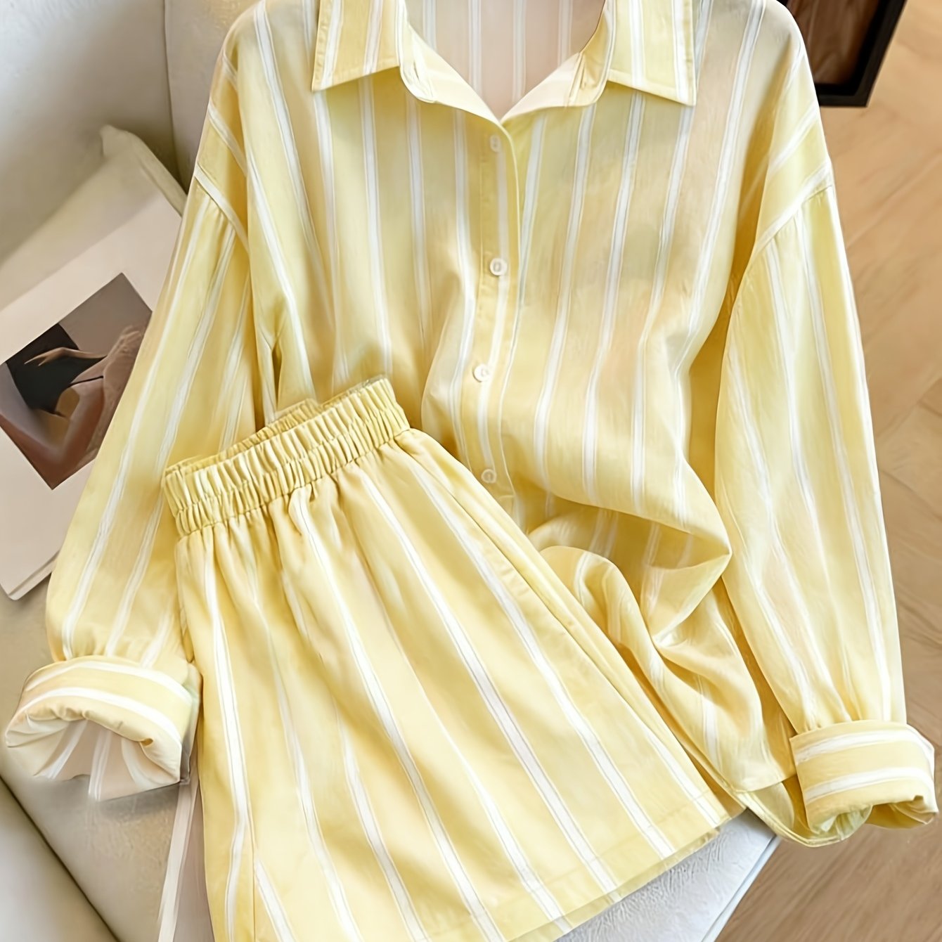TEMU Ensemble deux pièces femme rétro décontracté à rayures, chemise et short, tendance et polyvalent