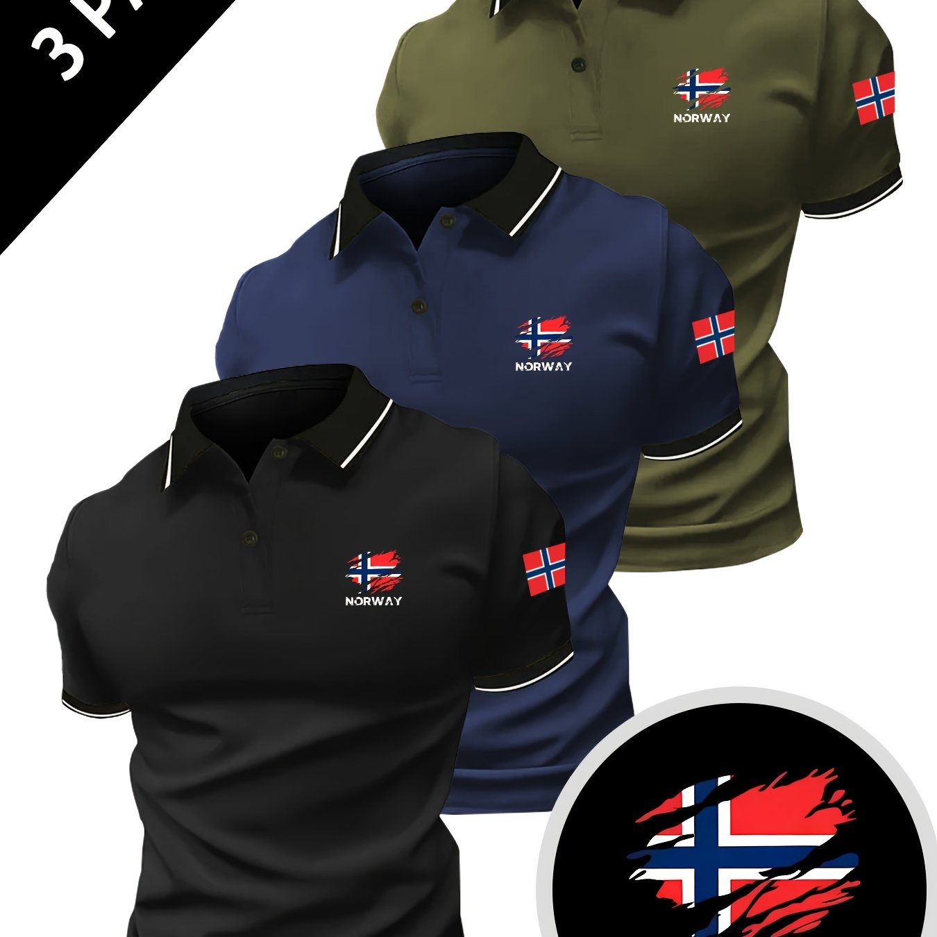 TEMU Set Of 3 Men's Casual Sports Shirts With Flag Print, Comfortable And Breathable, Perfect For Outdoor Activities In Summer