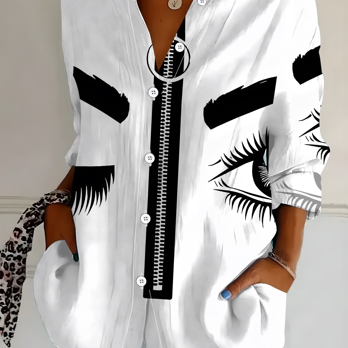 TEMU Plus Size - Women's Long Sleeve Shirt, Eye Print, ' Printed Blouse, Zipper Element Style, Women's Floral Shirt, Black And Tones, Women's Casual