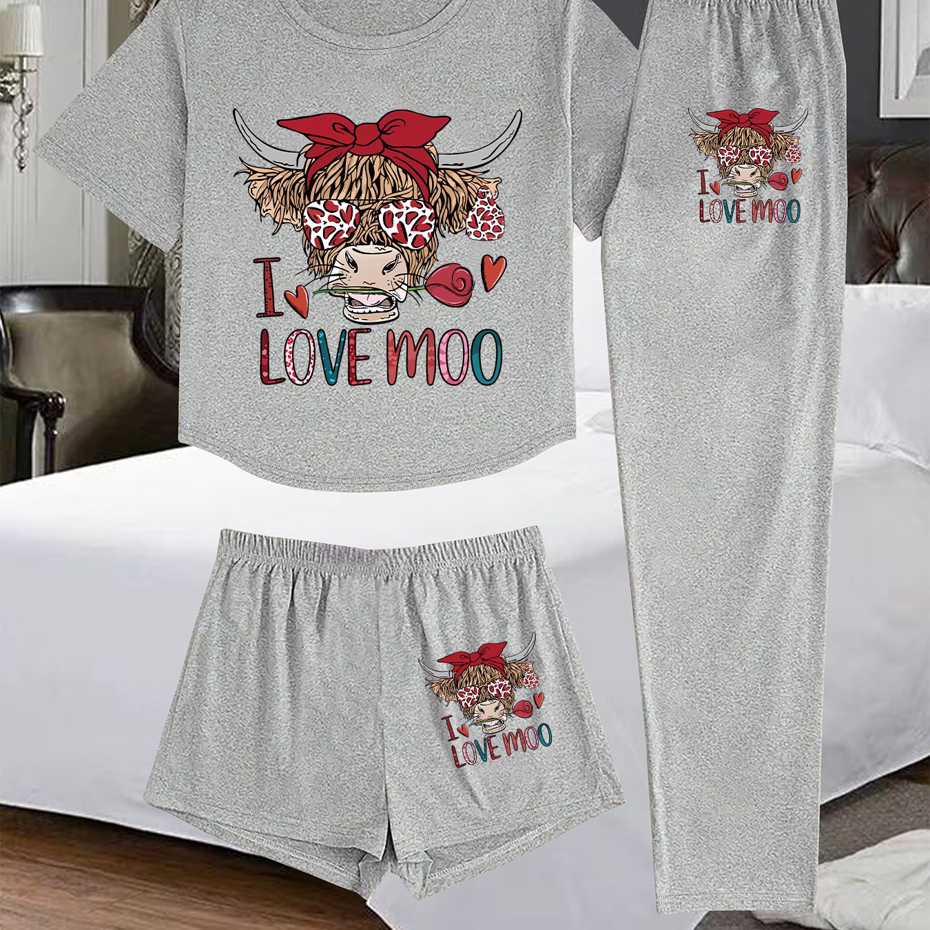 TEMU (1002# 3pcs Set) Women's Cartoon Cow Print 3pcs Set, Comfortable, Breathable, Outfit