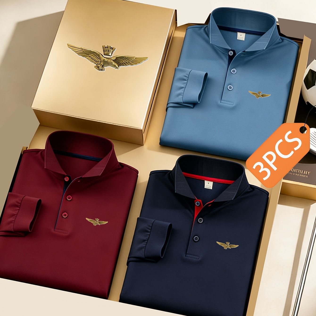 TEMU 3pcs C8-929 New High-end Color-block Men's Fashion Long Sleeve Shirt Set, Casual Athletic Men' Top, Comfortable All-match Regular Fit Button-up