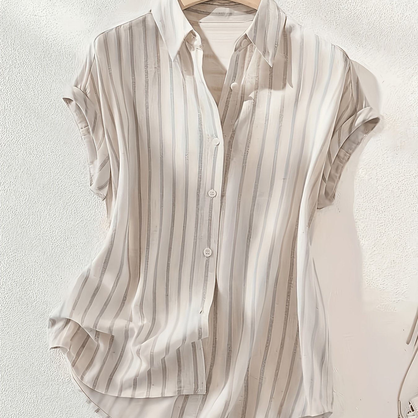 TEMU Summer Fashion Striped Single-button Collar Drop Shoulder Short Sleeve Shirt