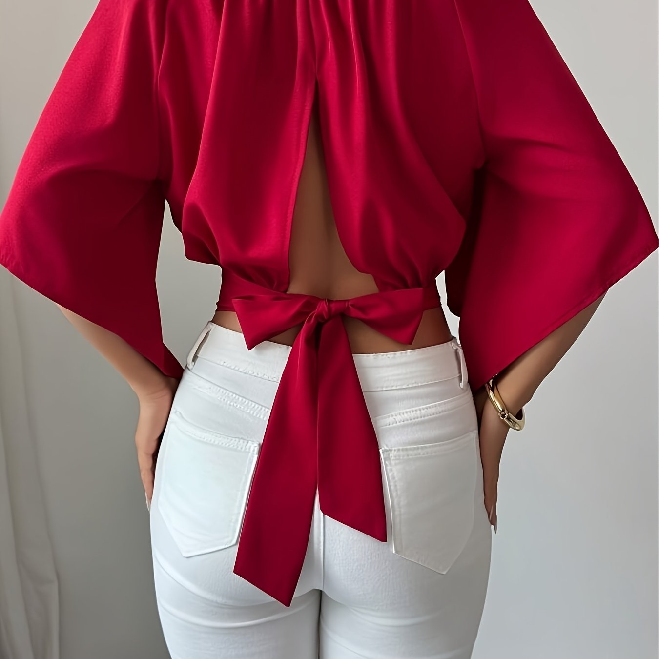 TEMU Women' Color Round Neck Short Sleeve Elegant Top With Back Decoration Asd1