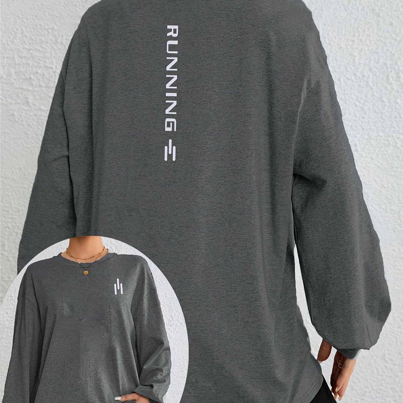Women's Casual Long Sleeve T-shirt With Letter Print, Knit Fabric, Round Neck, , Polyester - Training Top