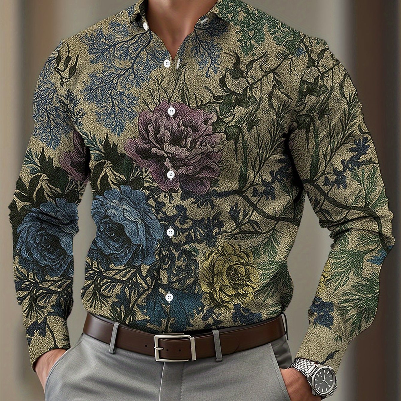 TEMU Men's Long Sleeve Button-up Shirt - Vintage Floral Print With Peonies & Foliage, Technology, Wrinkle-resistant, Regular Fit For Casual & Formal